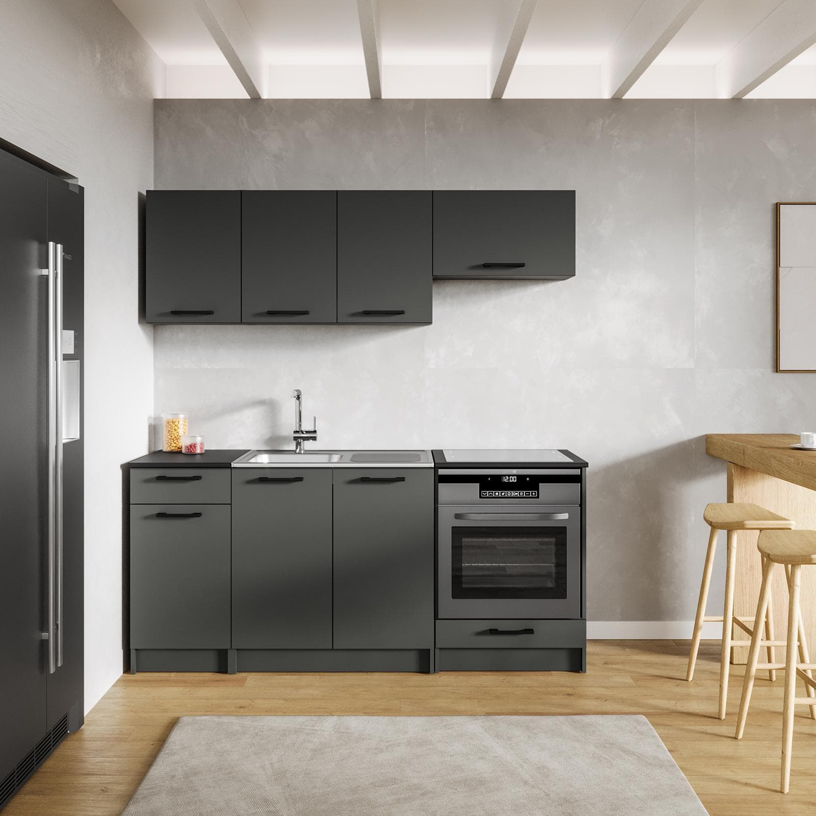 Cucina lineare 180 cm reversibile grafite e top nero con pensili e base per forno - Mafalda