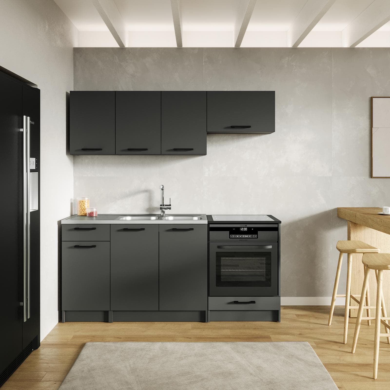 Cucina lineare 180 cm reversibile grafite e top nero con pensili e base per forno - Mafalda