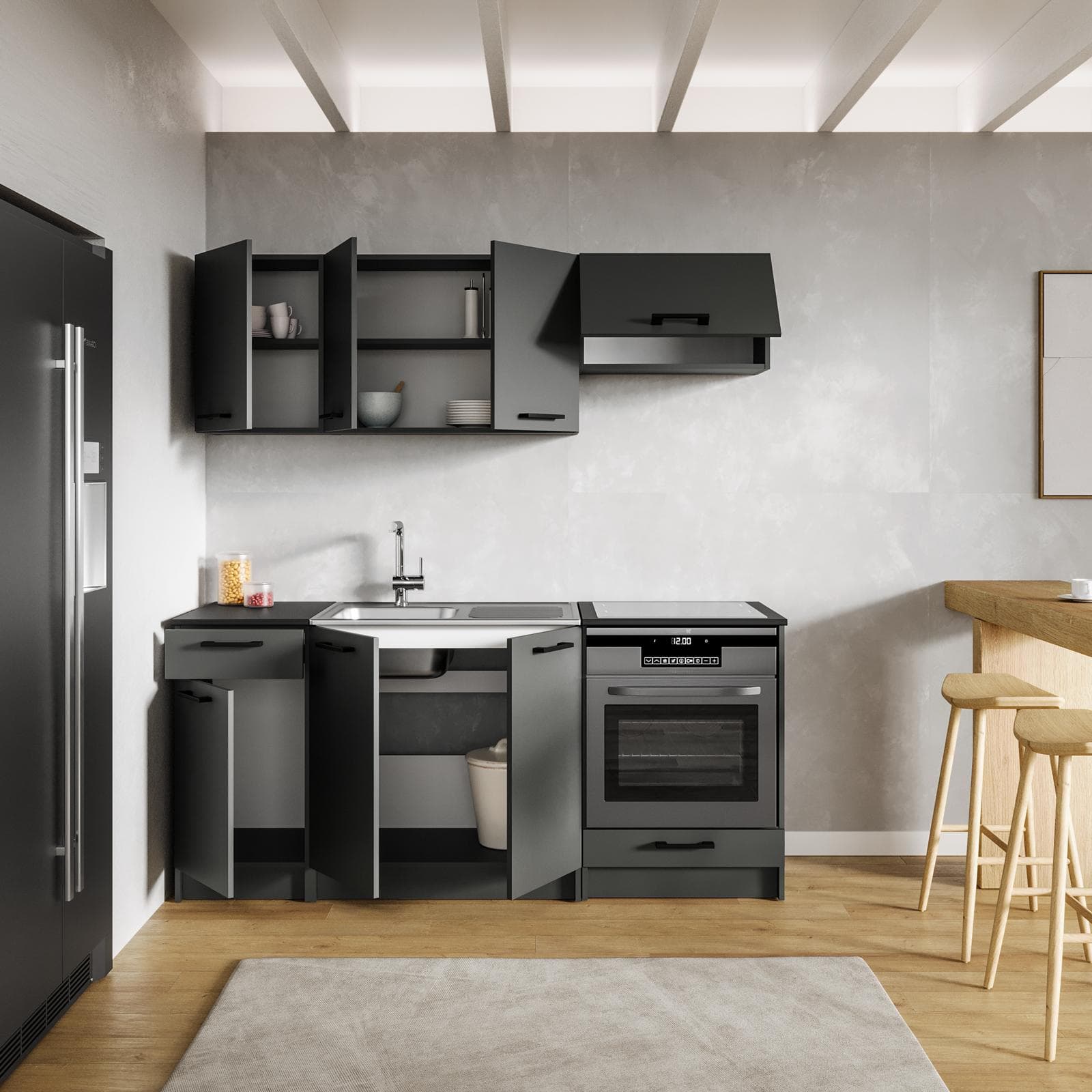 Cucina lineare 180 cm reversibile grafite e top nero con pensili e base per forno - Mafalda