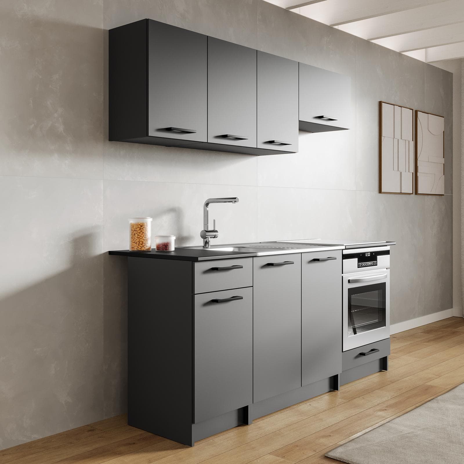 Cucina lineare 180 cm reversibile grafite e top nero con pensili e base per forno - Mafalda