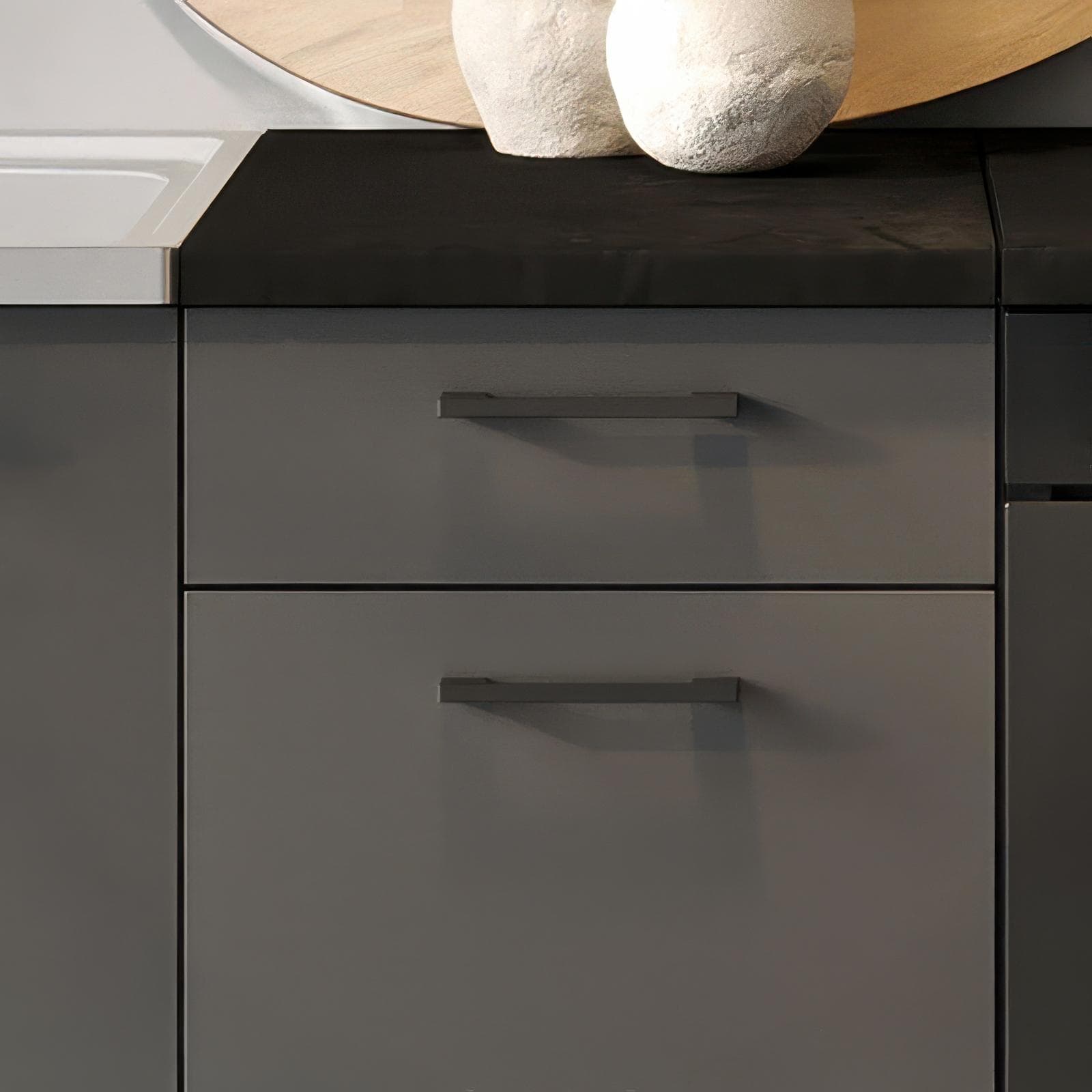 Cucina lineare 180 cm reversibile grafite e top nero con pensili e base per forno - Mafalda