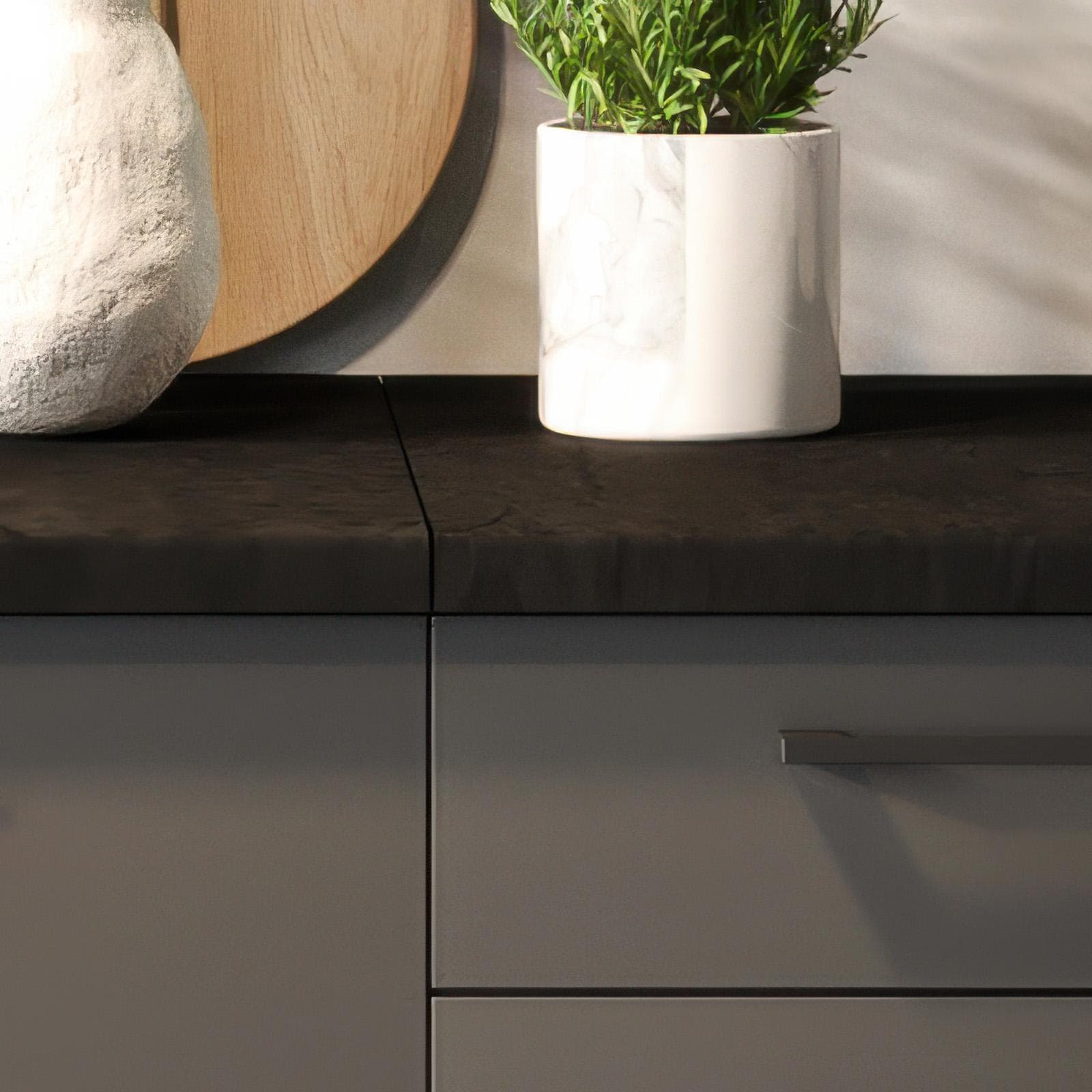 Cucina lineare 180 cm reversibile grafite e top nero con pensili e base per forno - Mafalda
