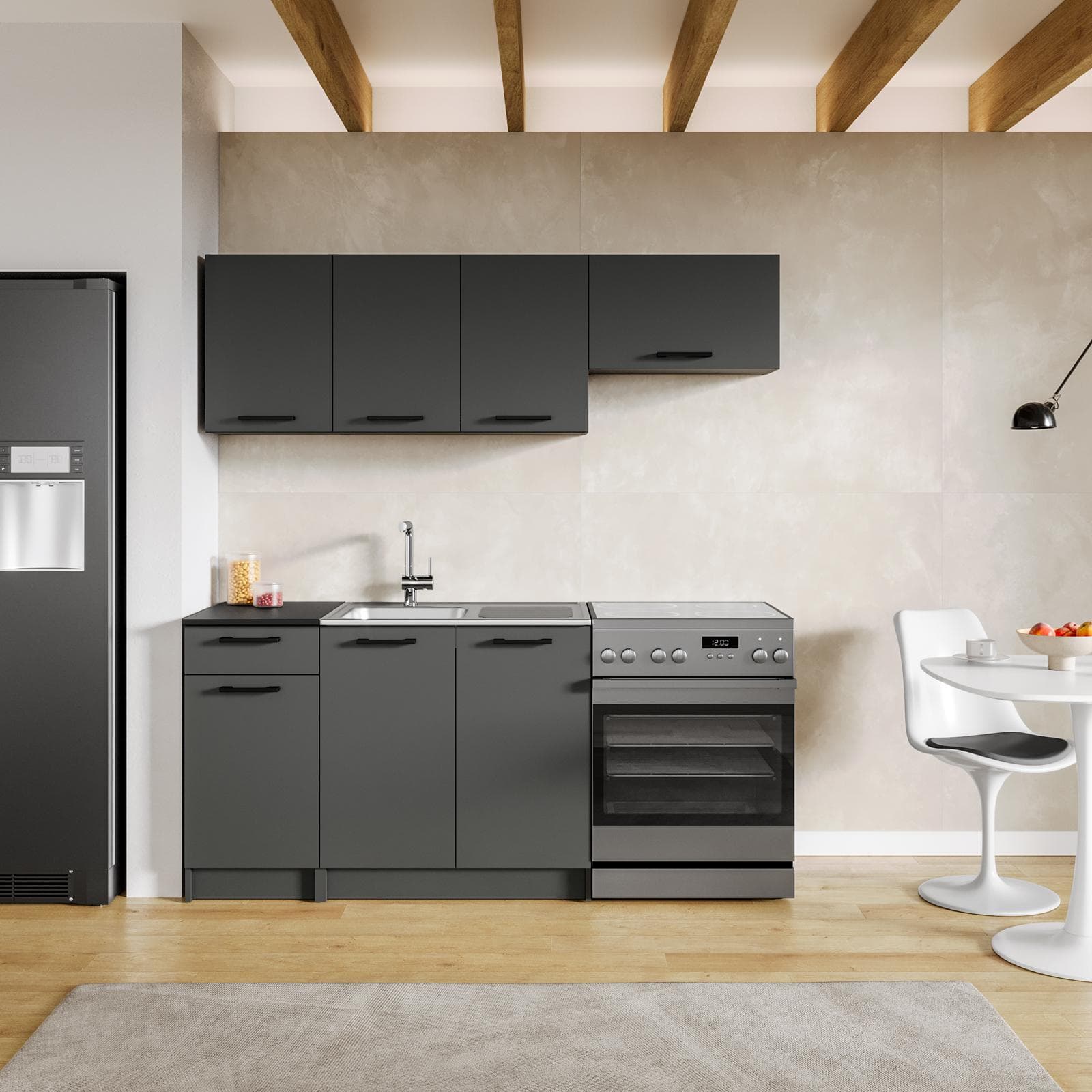 Cucina lineare 180 cm reversibile grafite e top nero con pensili - Mafalda