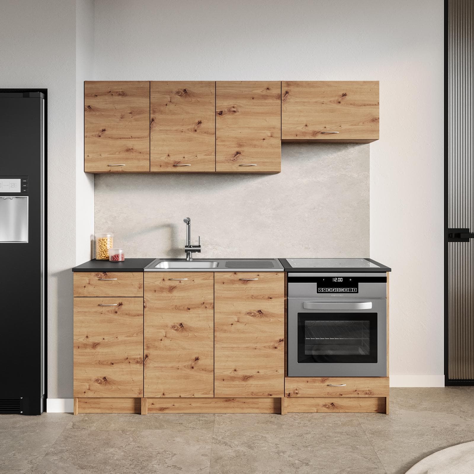 Cucina lineare 180 cm reversibile rovere rustico e top nero con pensili e base per forno - Sorbona