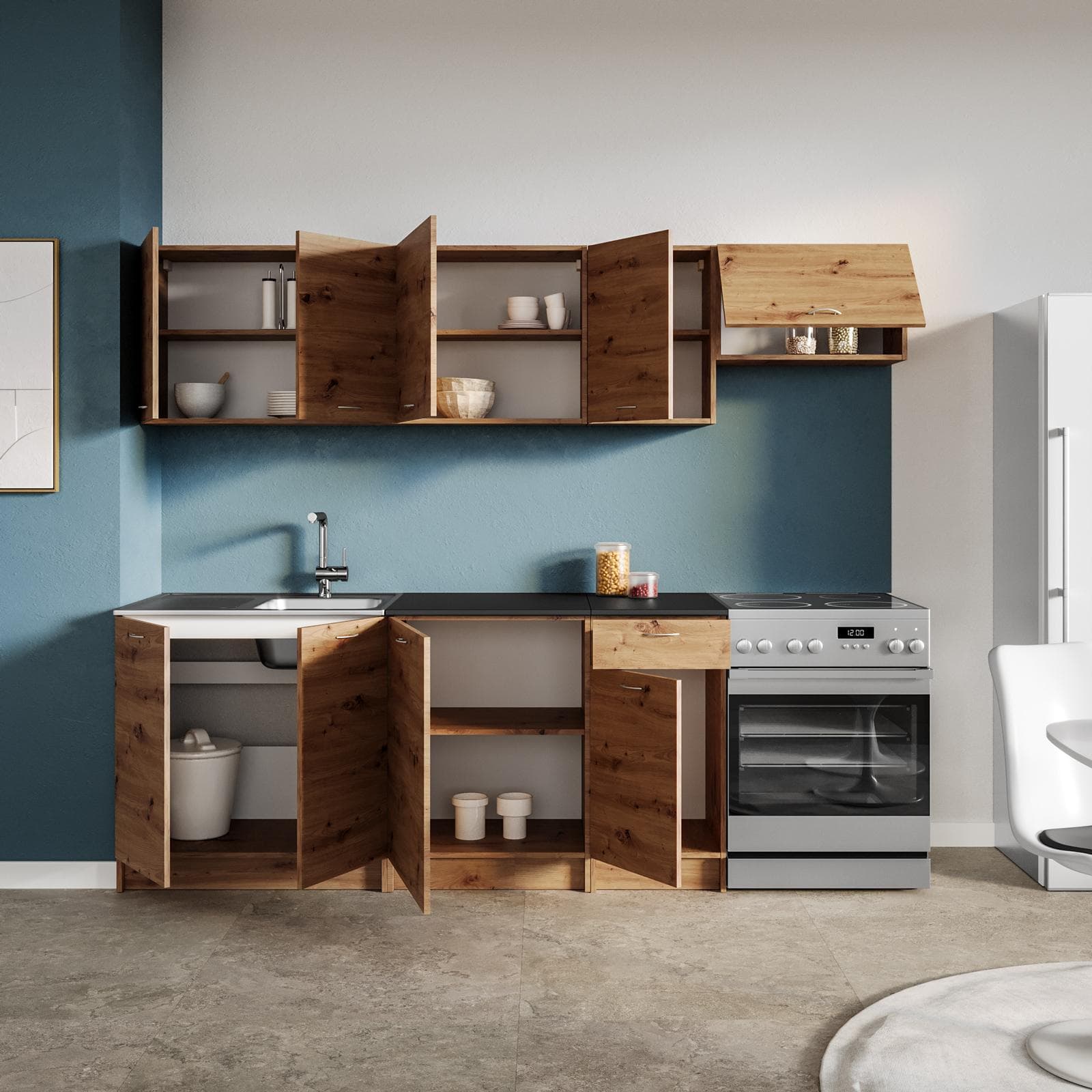 Cucina lineare 240 cm reversibile rovere rustico e top nero con pensili - Sorbona
