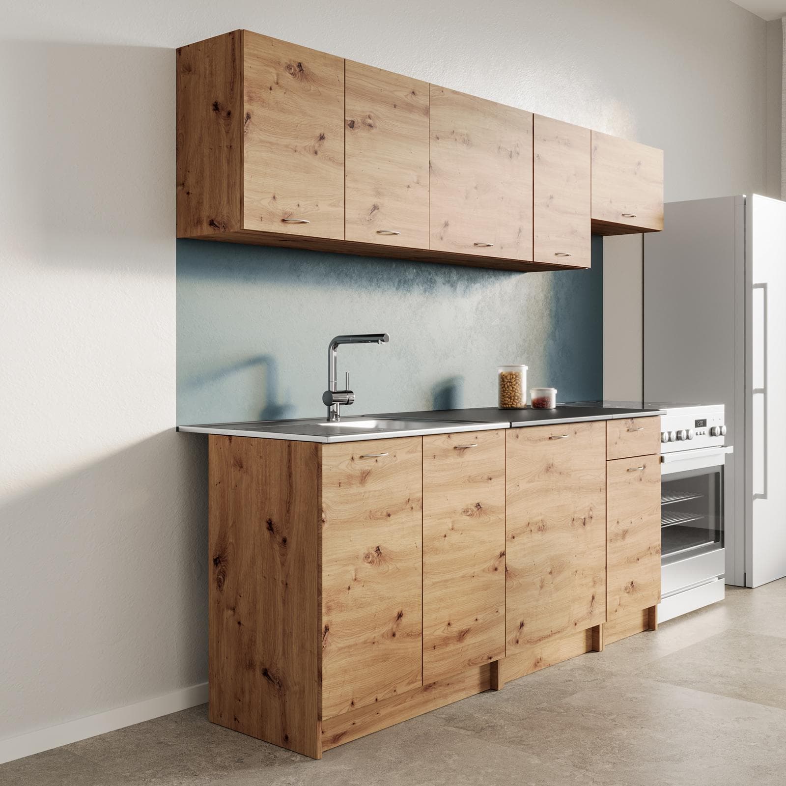 Cucina lineare 240 cm reversibile rovere rustico e top nero con pensili - Sorbona