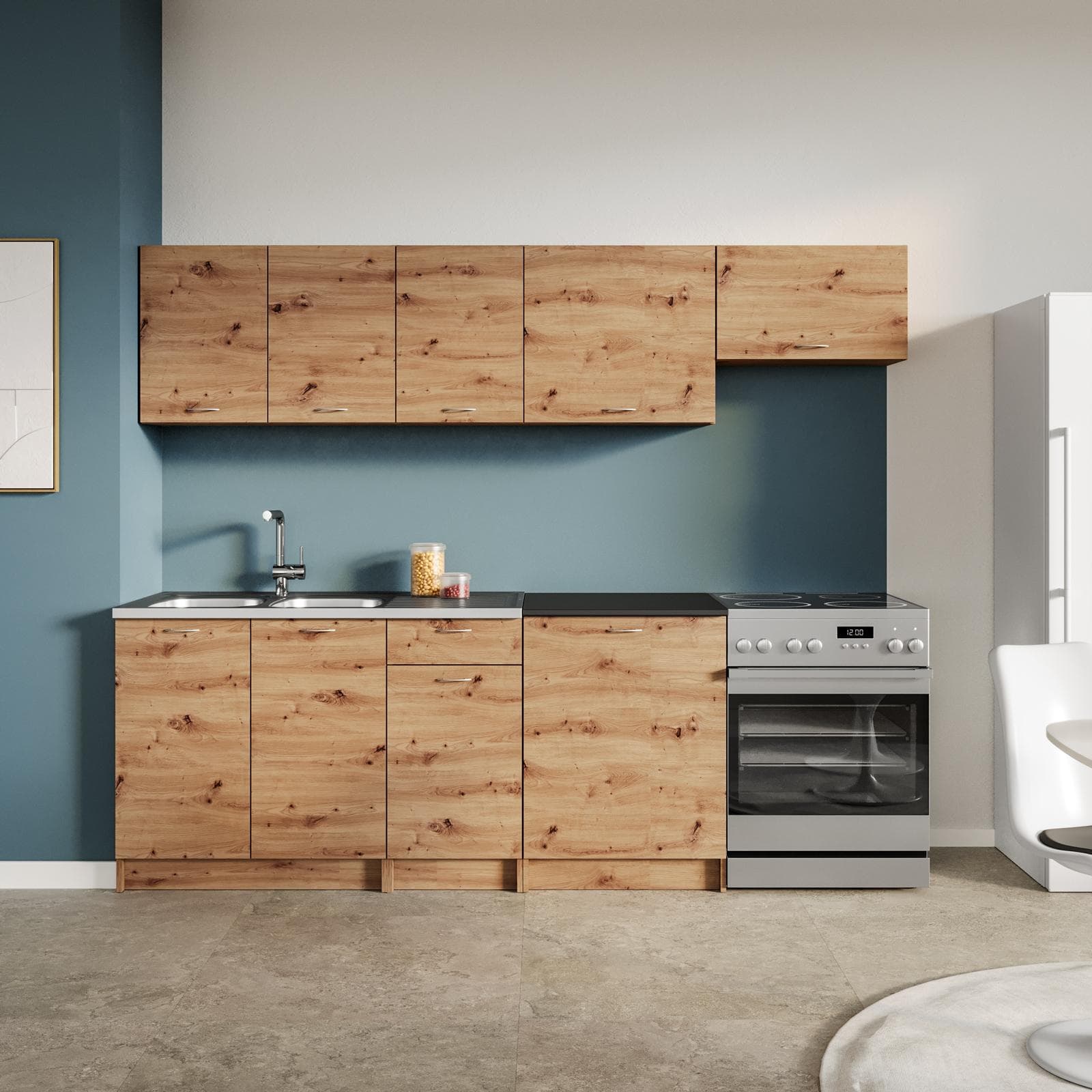 Cucina lineare 240 cm reversibile rovere rustico e top nero con pensili - Sorbona