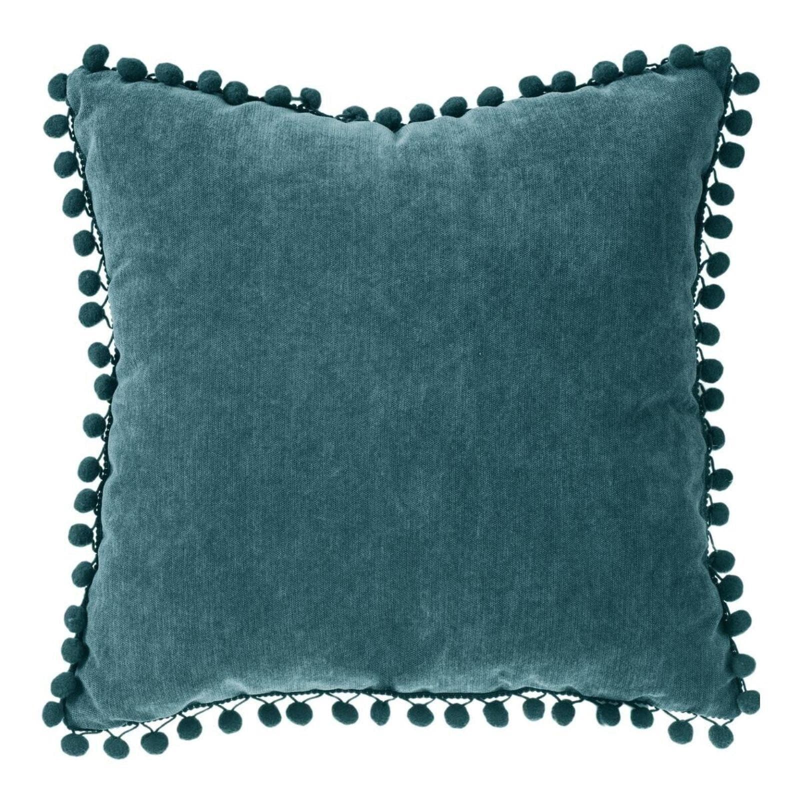 Cuscino 40x40 cm in tessuto blu petrolio con pompon