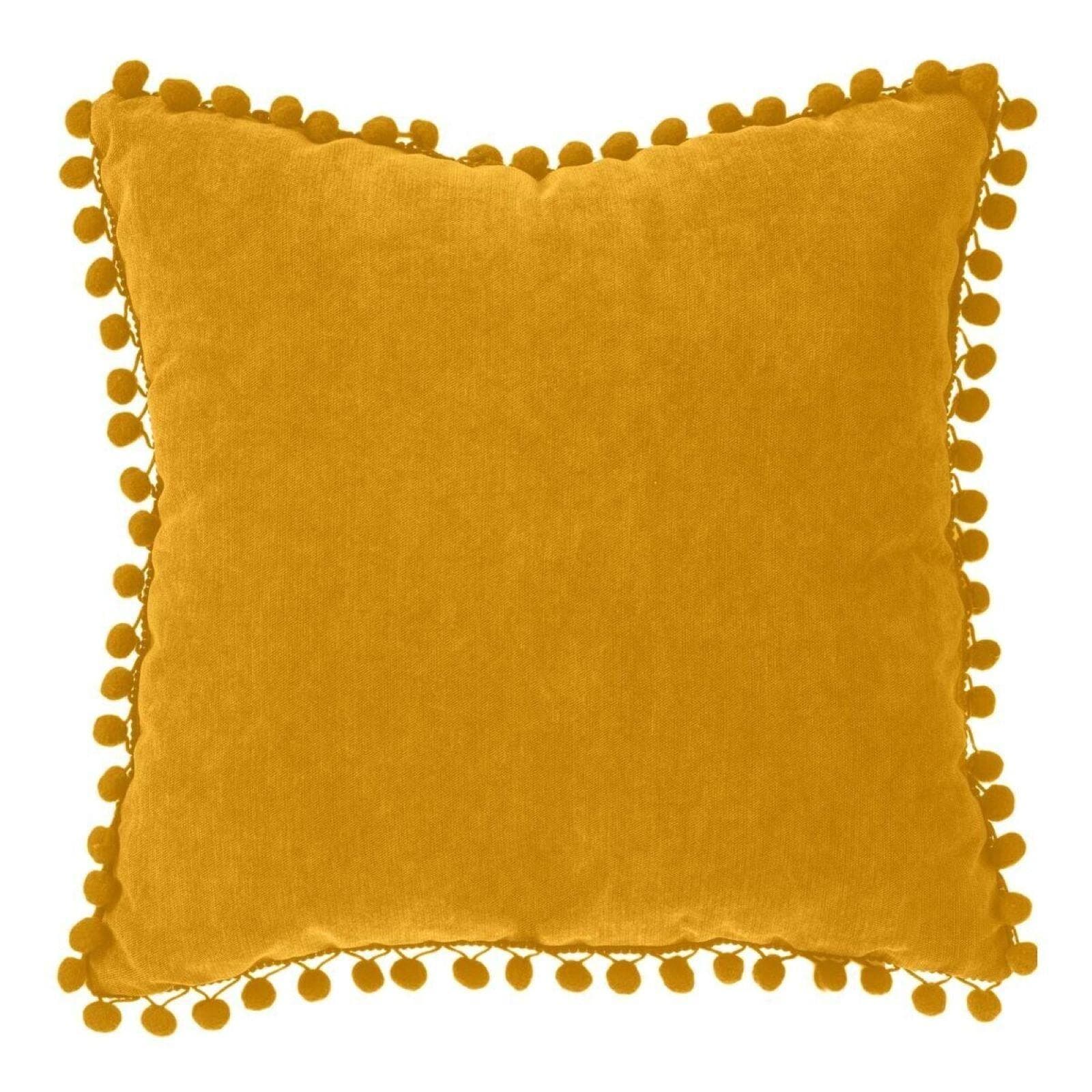 Cuscino 40x40 cm in tessuto ocra con pompon