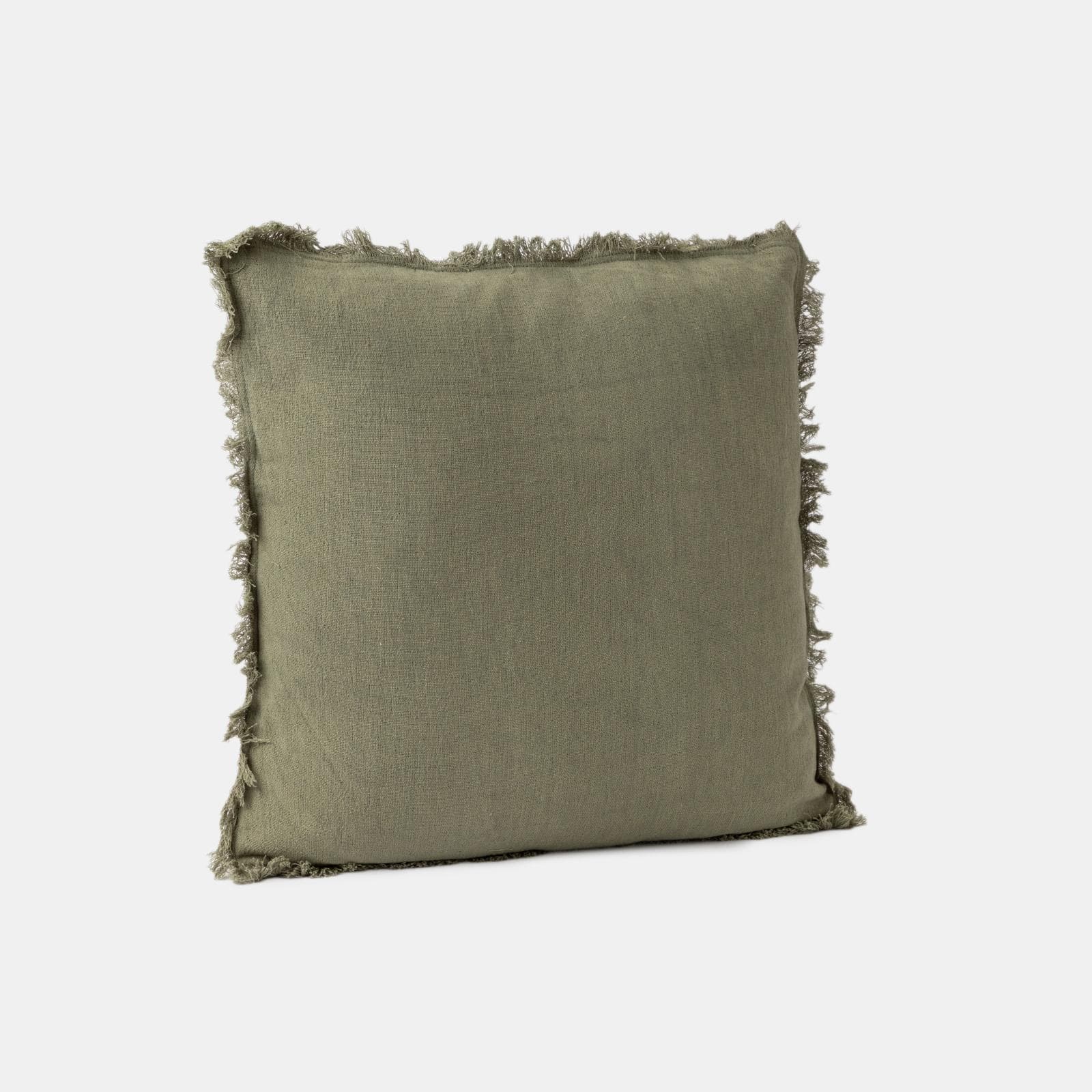 Cuscino sfoderabile 45x45 cm verde militare in cotone mussolina con frange