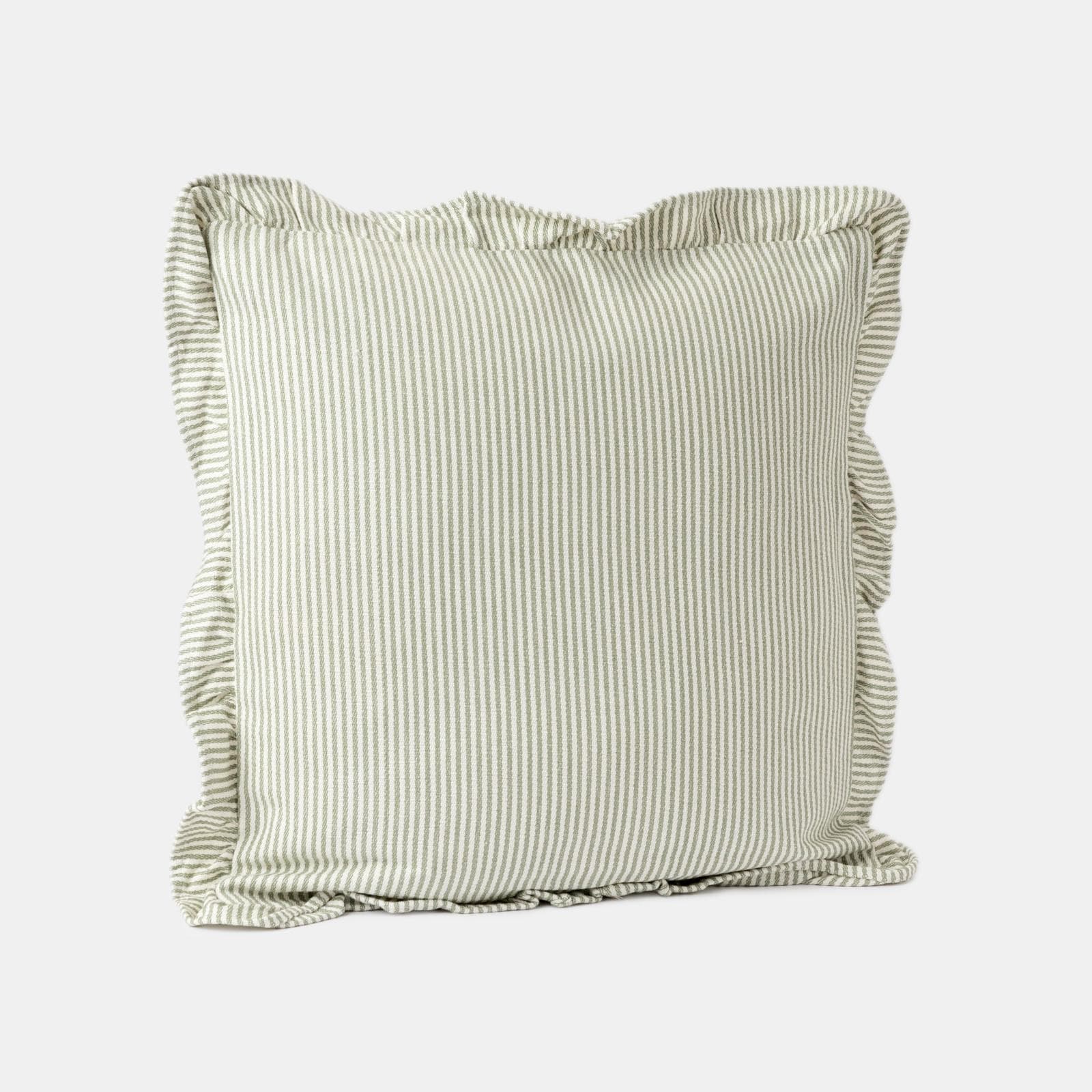 Cuscino sfoderabile 50x30 cm verde salvia in cotone a righe con volant
