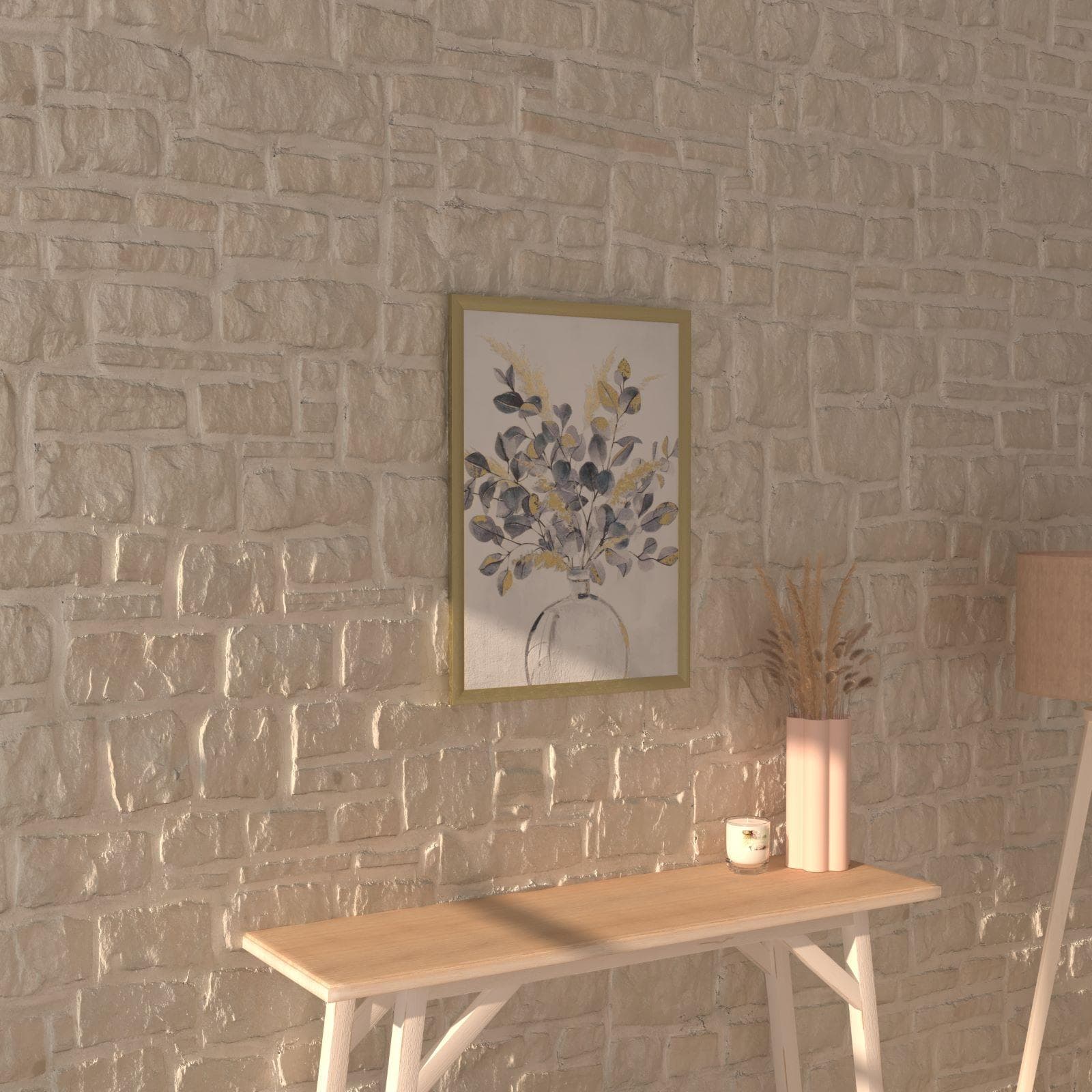 Decorazione da parete 50x70h cm in tessuto bianco e blu con cornice oro