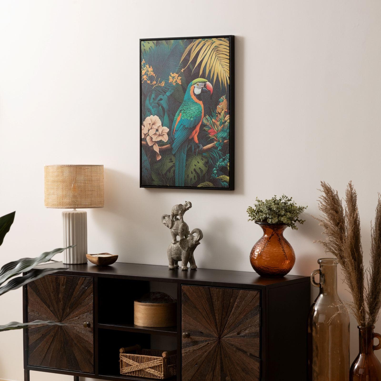 Decorazione da parete 50x70h cm in tessuto verde e multicolore con cornice