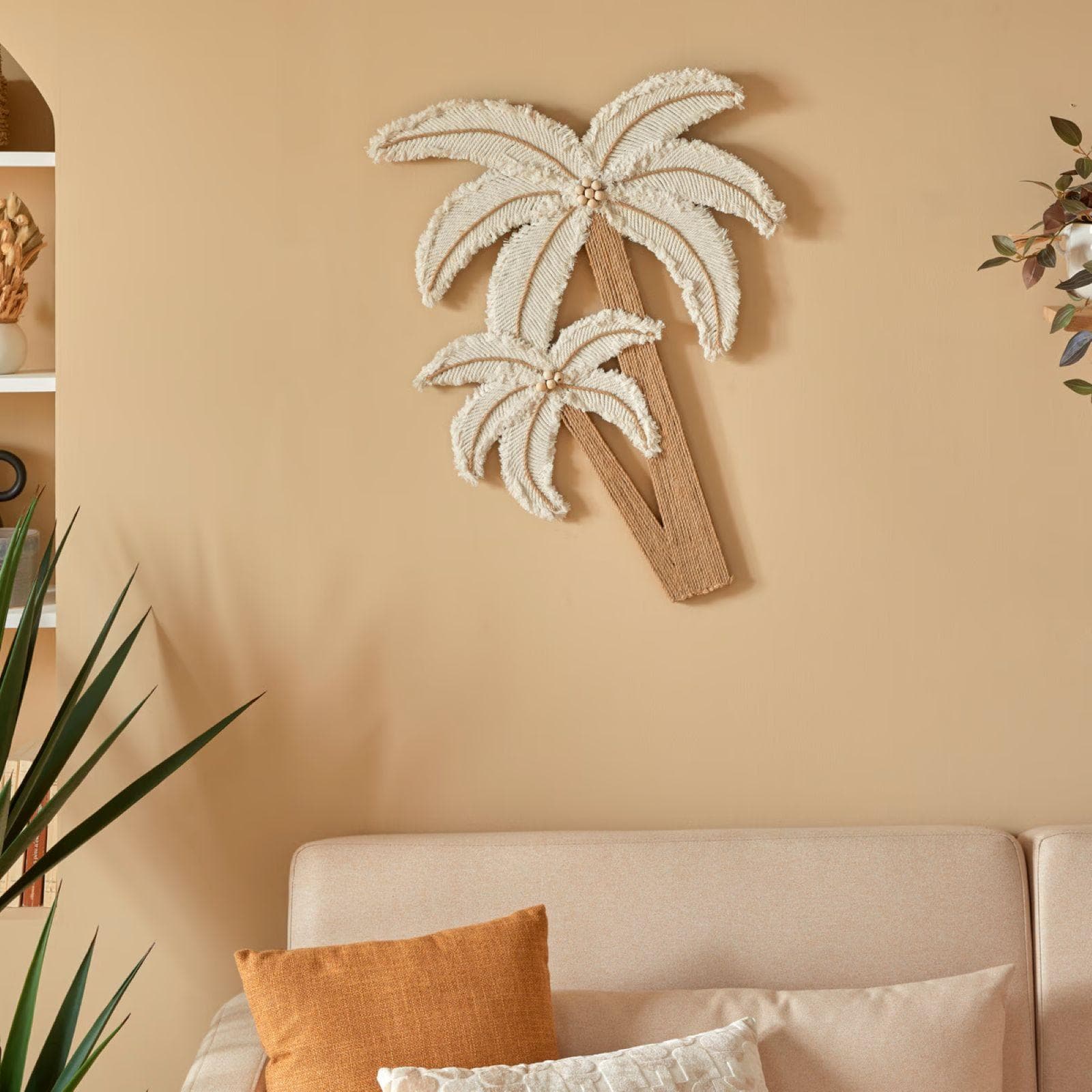 Decorazione da parete 56x76h cm palme in legno e tessuto bianco