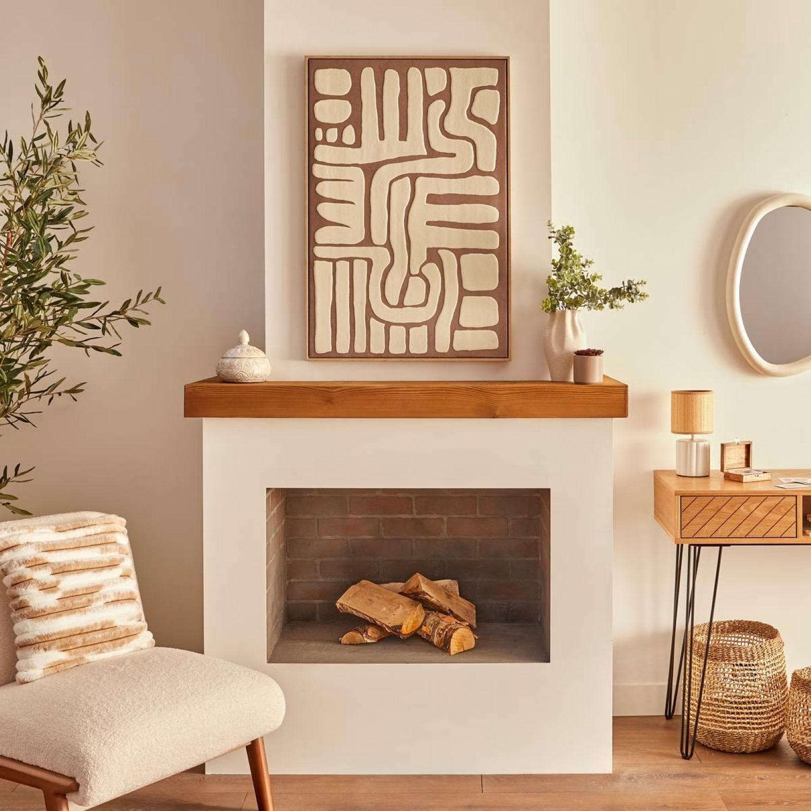 Decorazione da parete 60x90h cm in tela beige ed effetto legno naturale