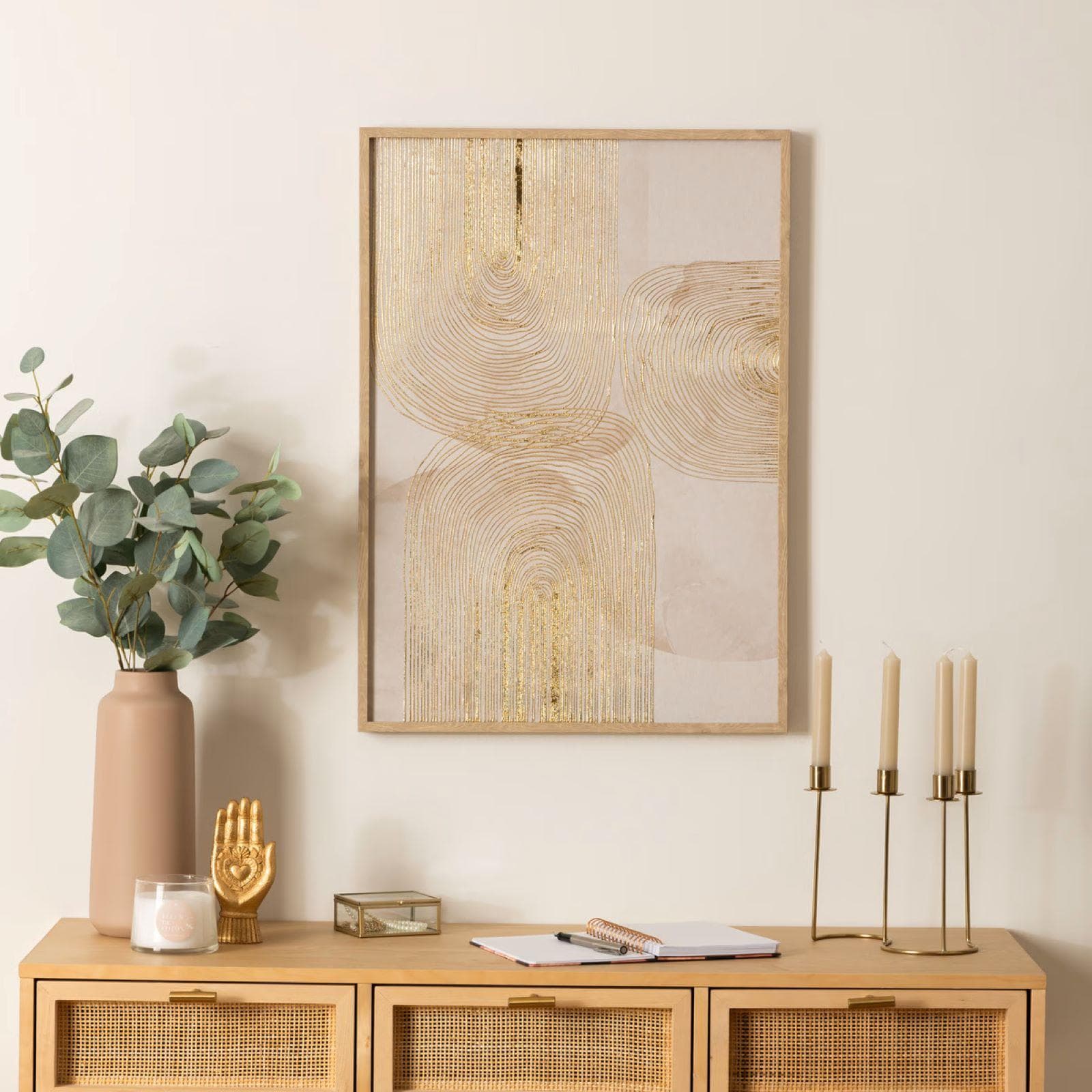 Decorazione da parete 70h cm motivo astratto oro e cornice in legno