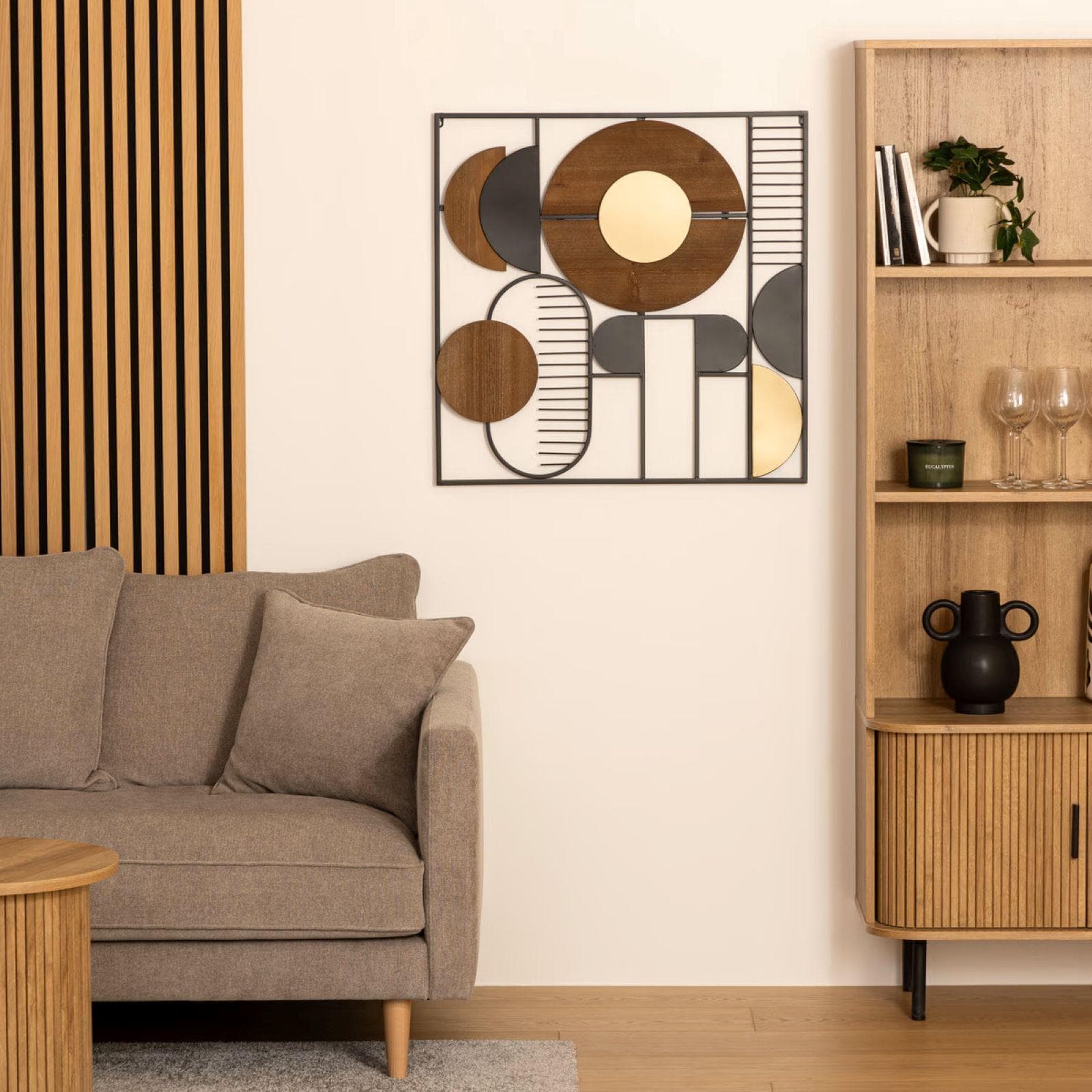 Decorazione da parete 70x70h cm in acciaio nero e legno naturale