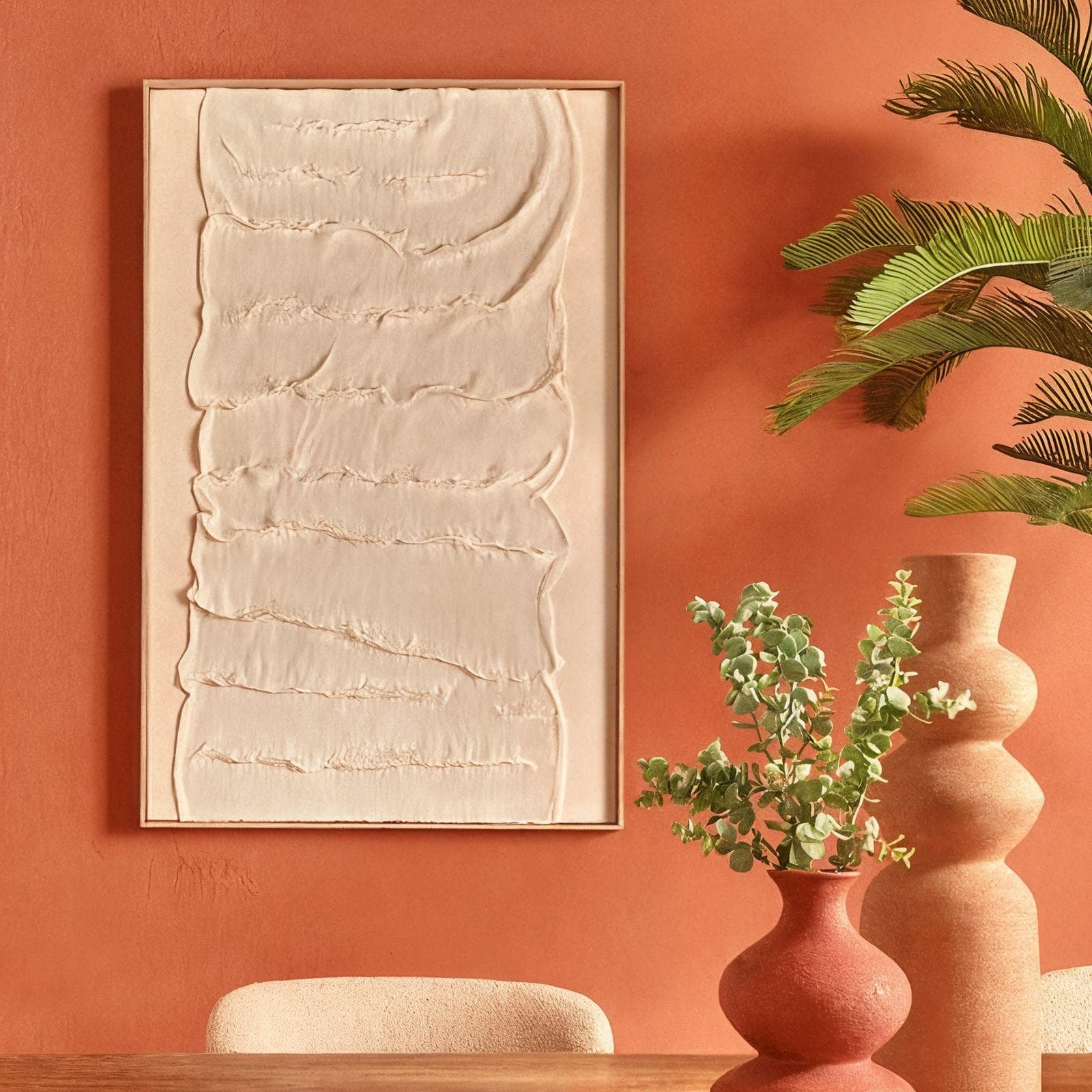 DECORAZIONE MURALE L. 75 X P. 4,5 X H. 116 CM TELA IN RILIEVO BIANCO E CORNICE LEGNO +