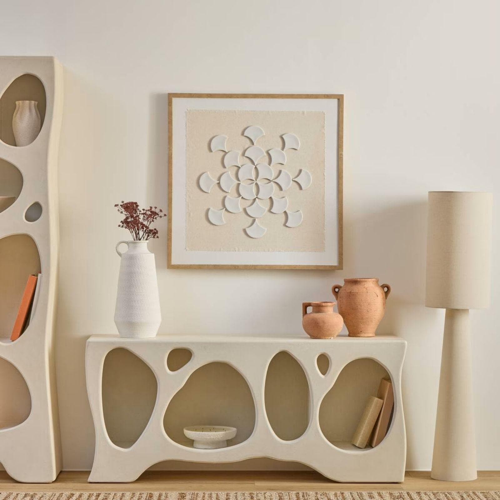 Decorazione da parete 78x78 cm rilievo in ceramica e lino cornice in legno