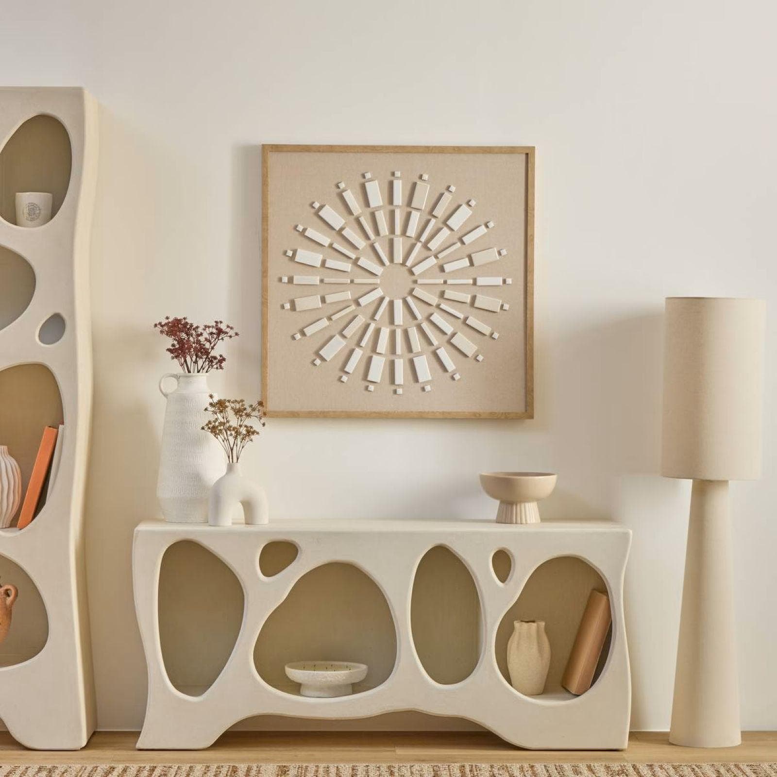 Decorazione da parete 78x78 cm rilievo in ceramica e lino con cornice in legno