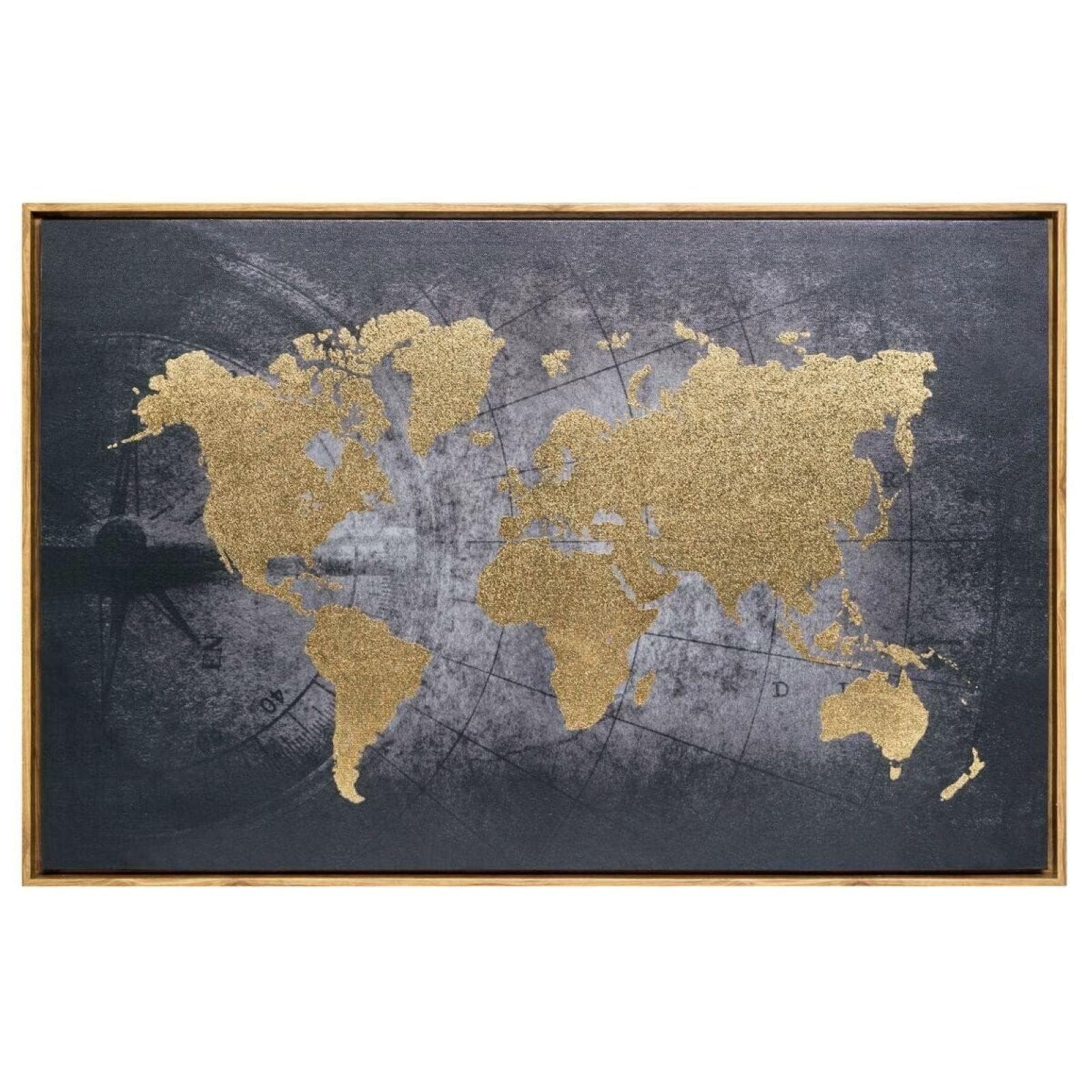 Decorazione da parete 88x58h cm mappa del mondo oro in tessuto e legno