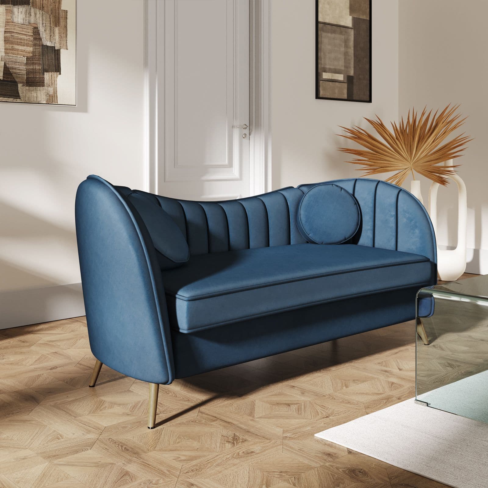 Divano 2 posti in velluto blu scuro con gambe champagne - Reef