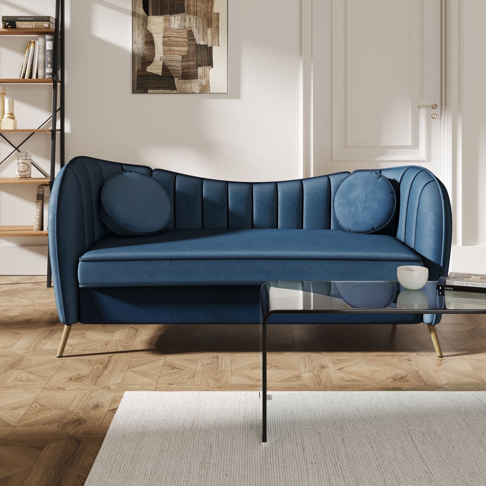 Divano 2 posti in velluto blu scuro con gambe champagne - Reef