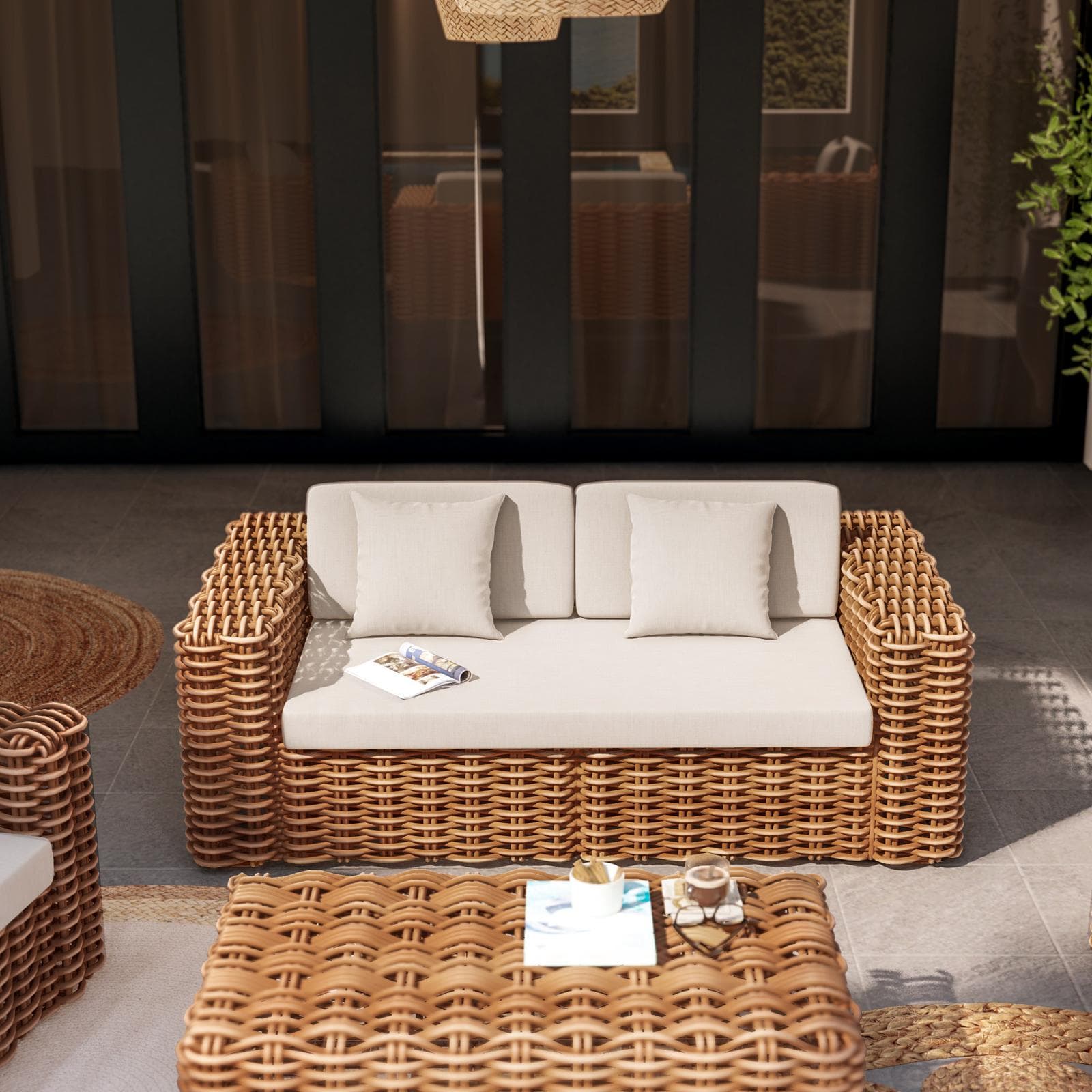 Divano 2 posti in rattan naturale con soffici cuscini - Daril
