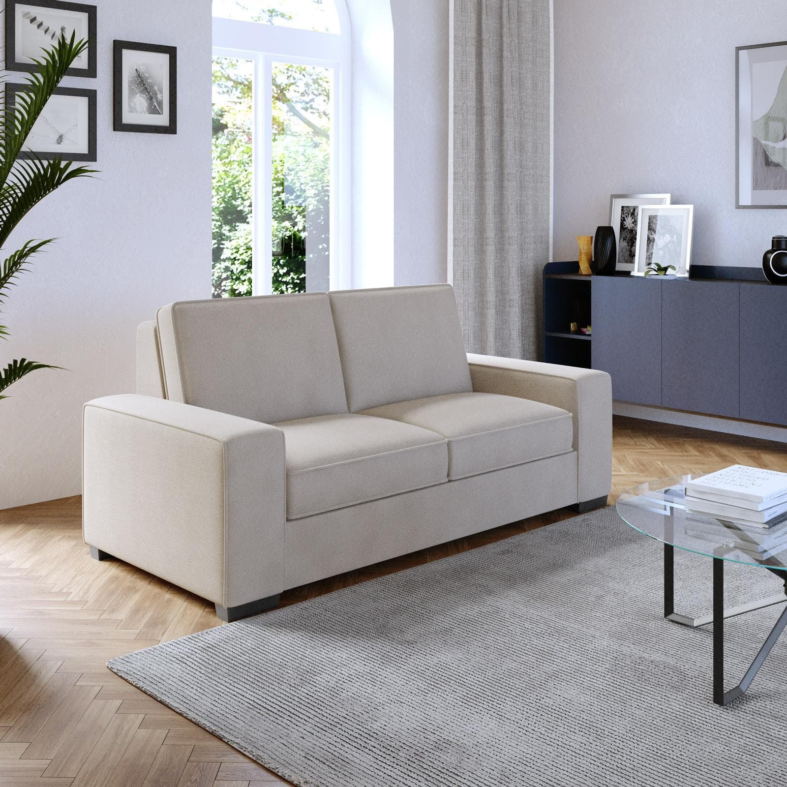 Divano 2 posti in tessuto a trama sottile beige e piedi in legno - Fluvio