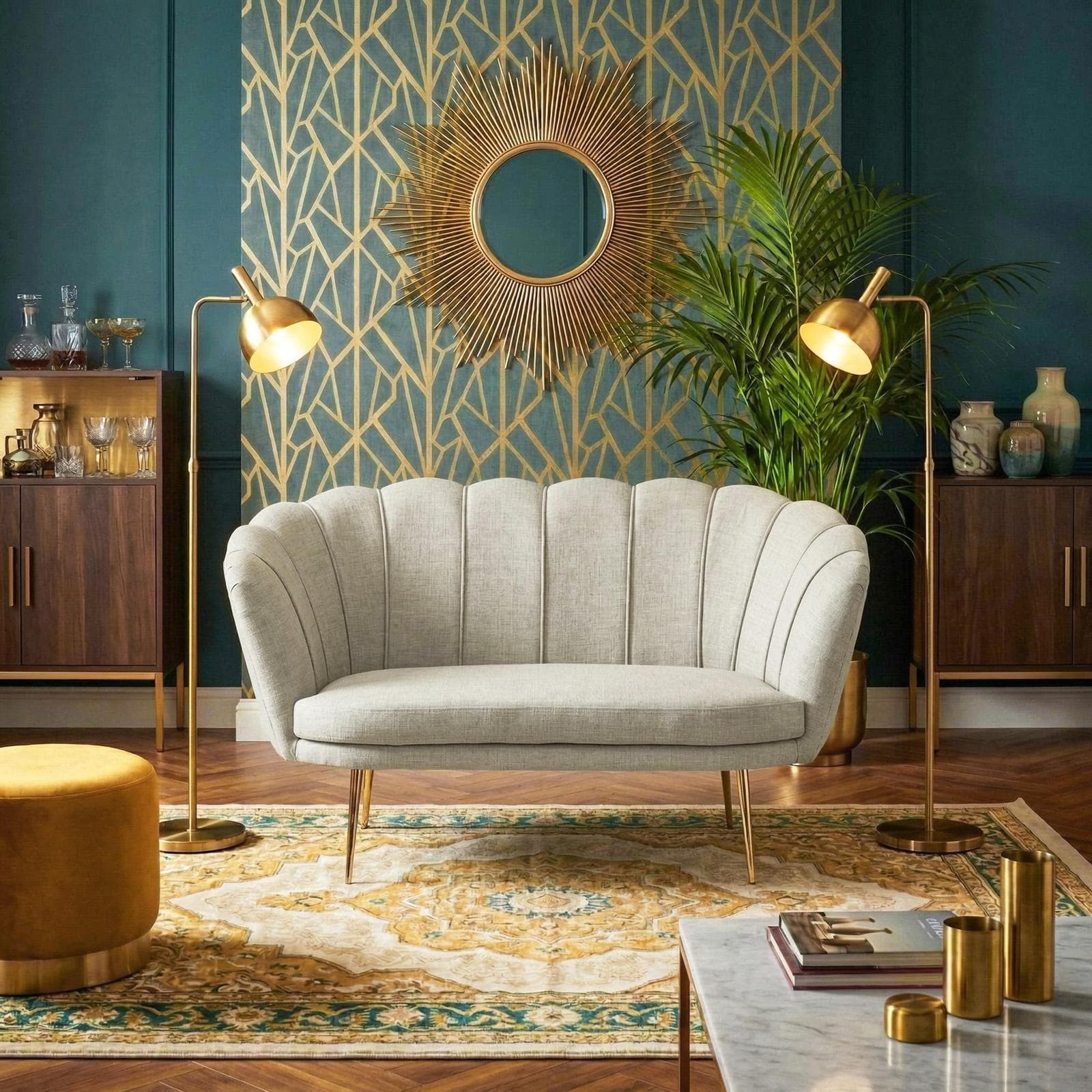 Divano 2 posti in tessuto beige con gambe oro - Oden