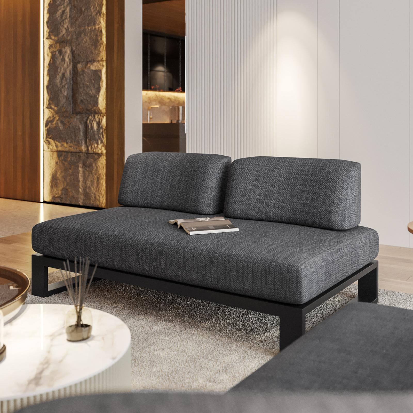 Divano 2 posti in tessuto olefin grigio scuro e alluminio antracite - Haven