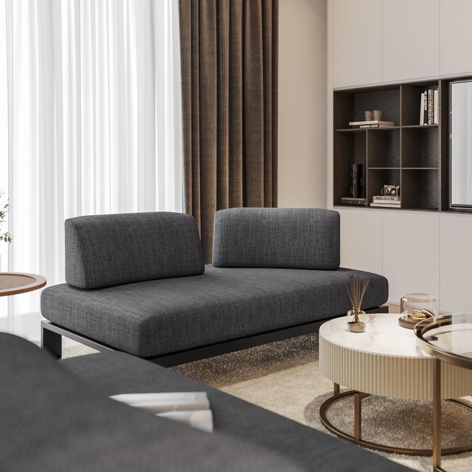 Divano 2 posti in tessuto olefin grigio scuro e alluminio antracite - Haven