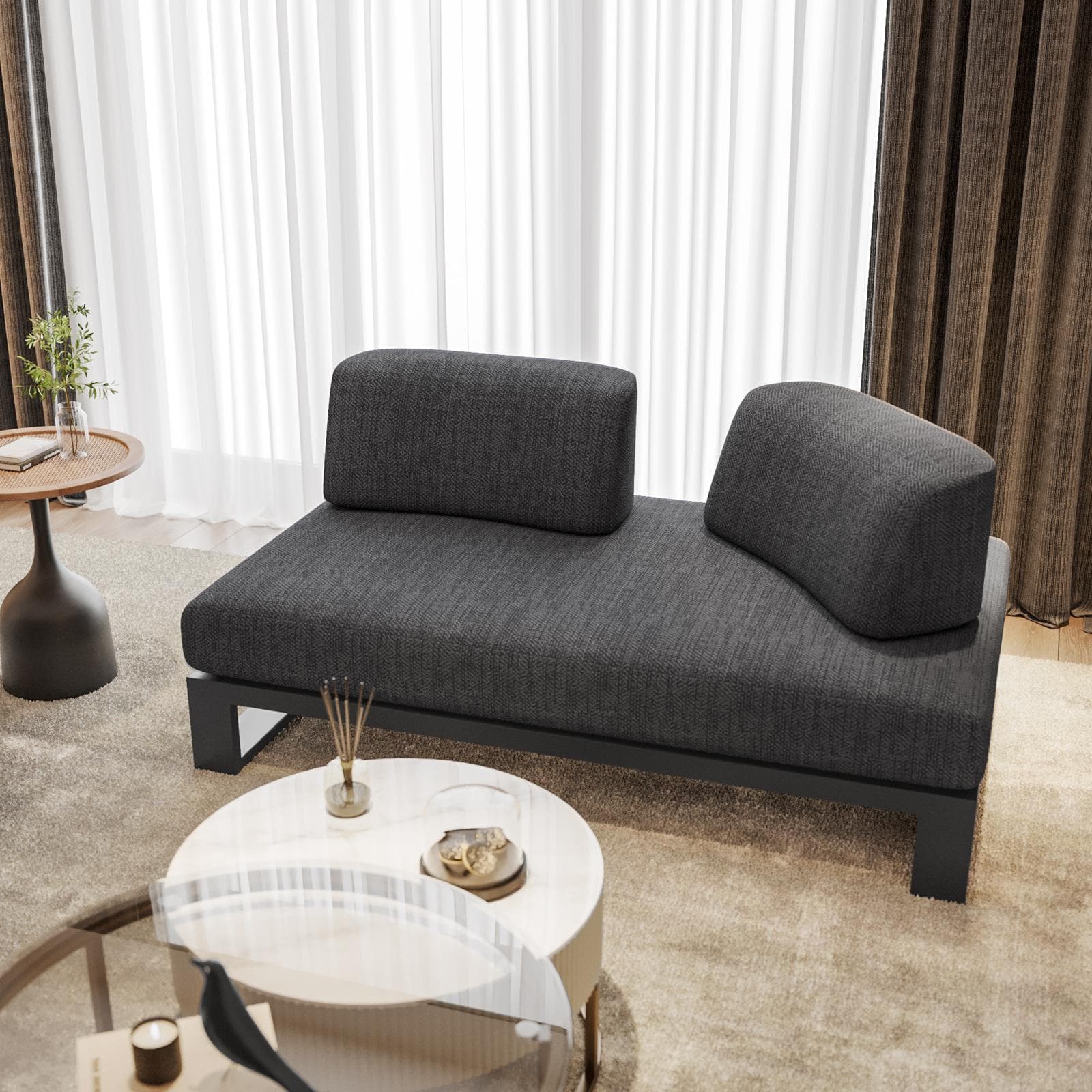 Divano 2 posti in tessuto olefin grigio scuro e alluminio antracite - Haven