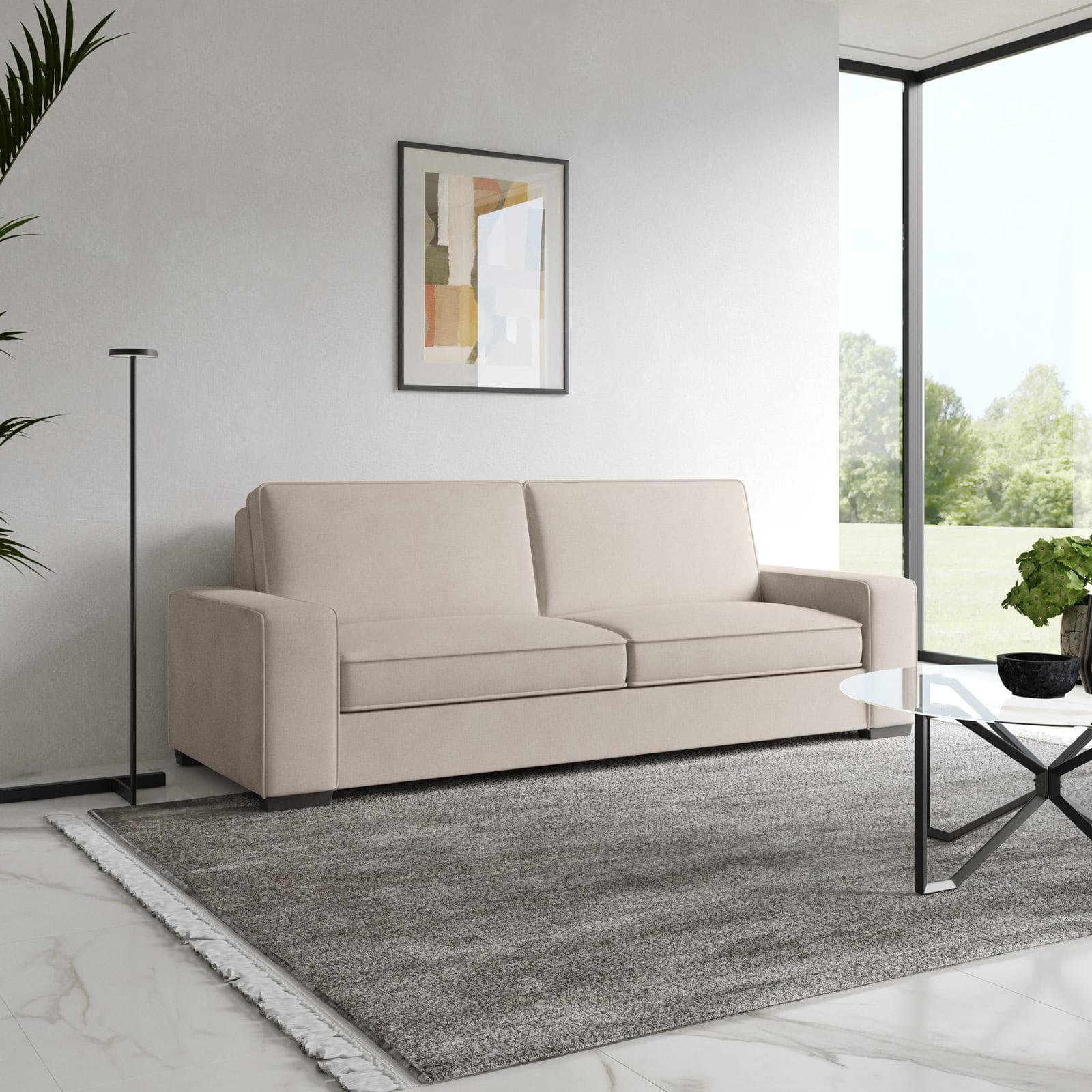 Divano 3 posti in tessuto a trama sottile beige e piedi in legno - Fluvio