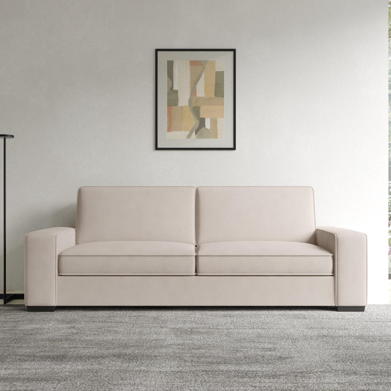 Divano 3 posti in tessuto a trama sottile beige e piedi in legno - Fluvio