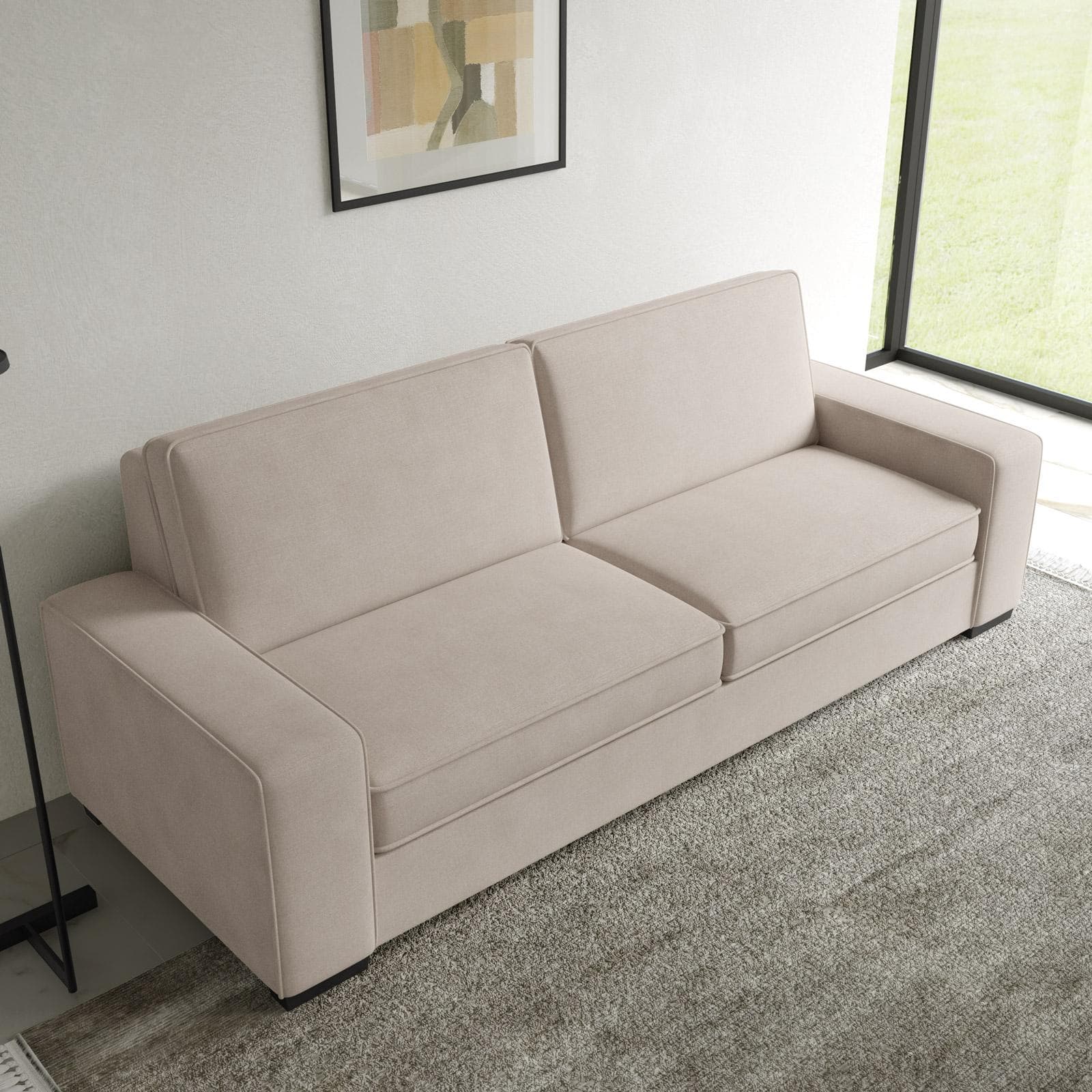 Divano 3 posti in tessuto a trama sottile beige e piedi in legno - Fluvio