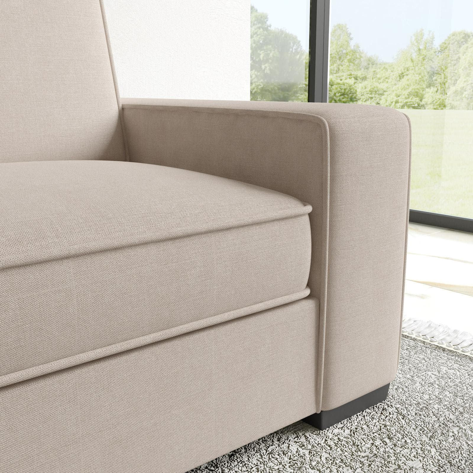 Divano 3 posti in tessuto a trama sottile beige e piedi in legno - Fluvio