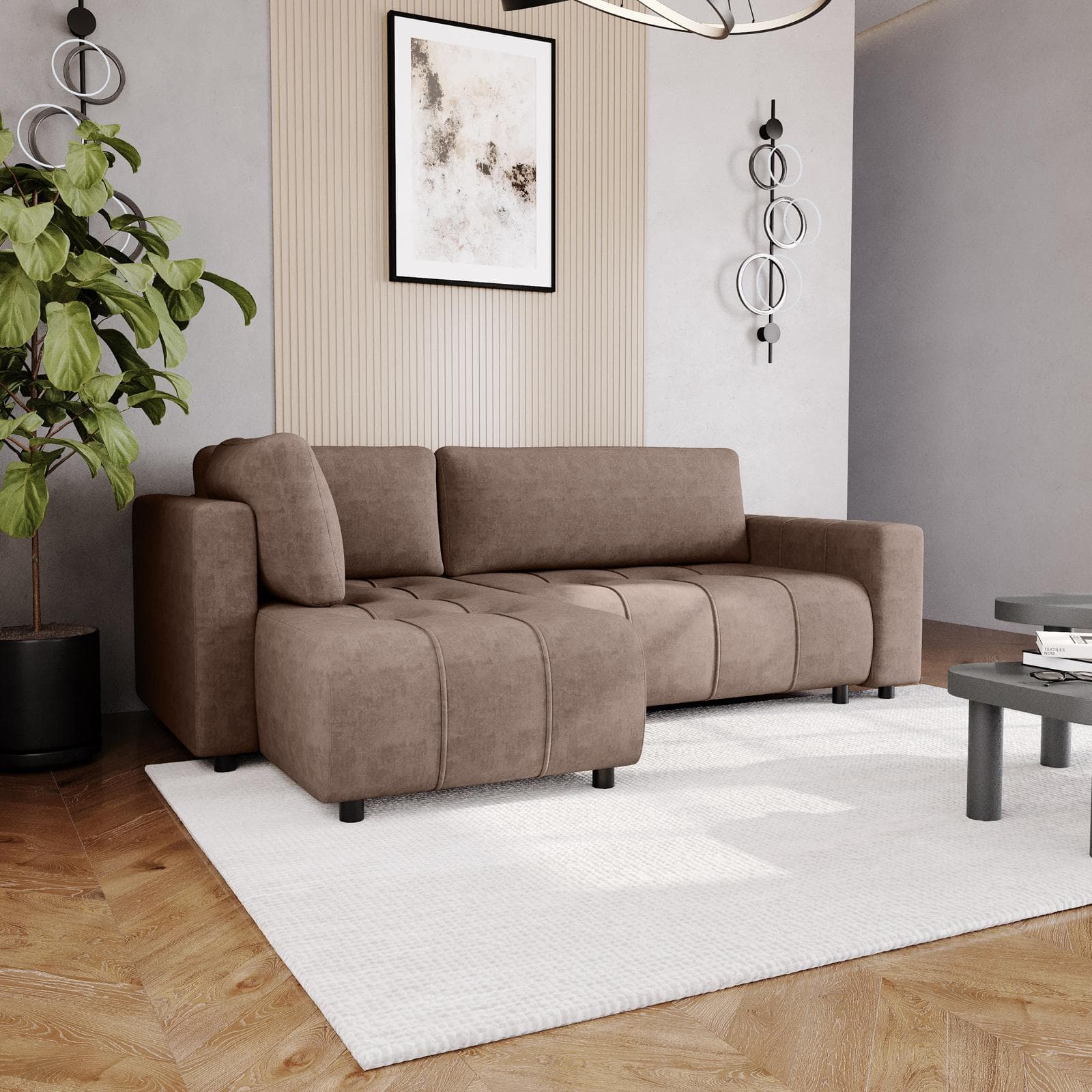 Divano letto 3 posti in tessuto ciniglia tortora scuro con chaise longue a sinistra - Wellington