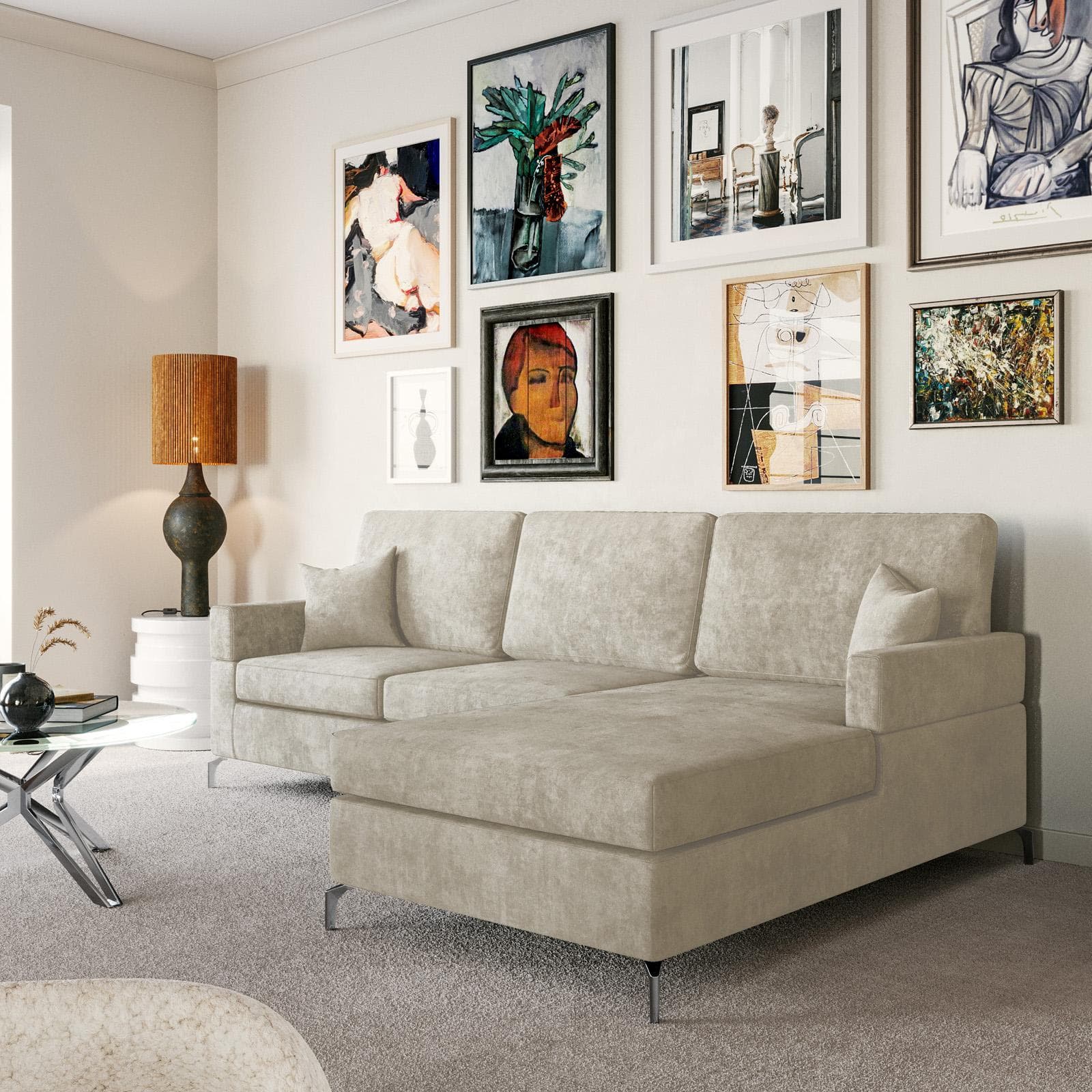 Divano angolare 3 posti in tessuto beige con chaise longue a destra e 2 cuscini - Snooze