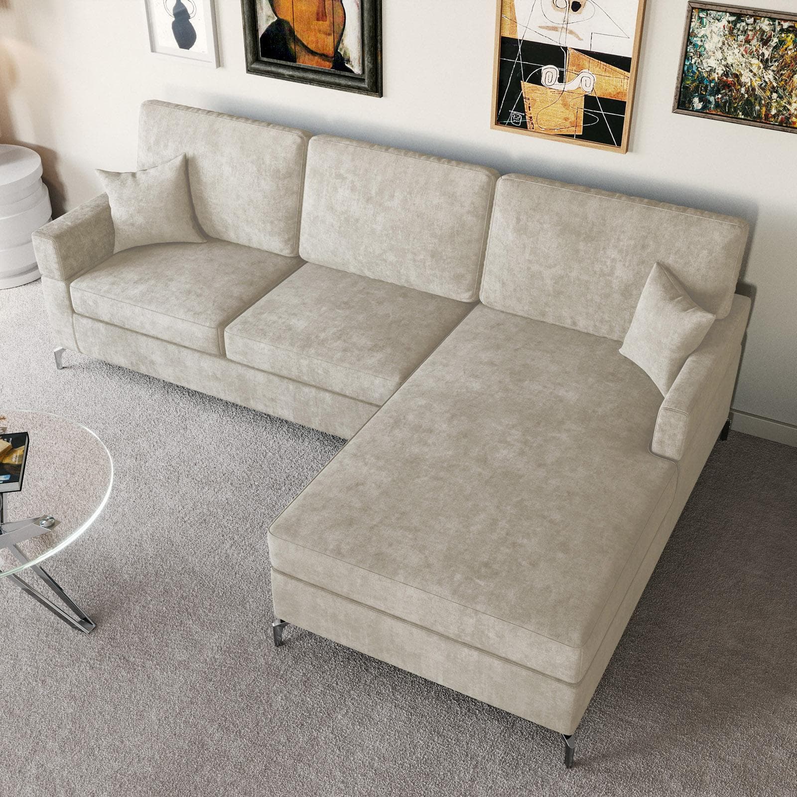 Divano angolare 3 posti in tessuto beige con chaise longue a destra e 2 cuscini - Snooze