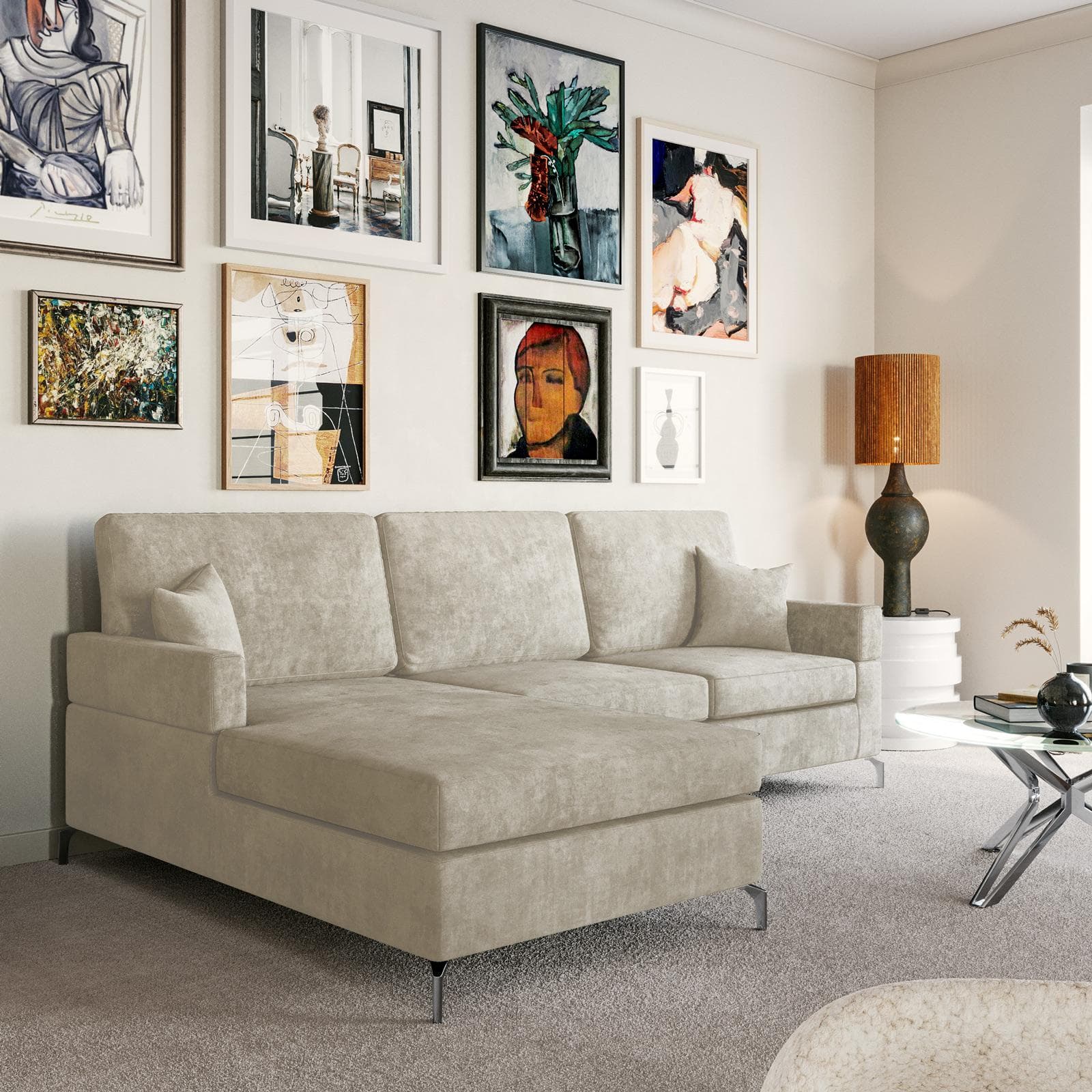 Divano angolare 3 posti in tessuto beige con chaise longue a sinistra e 2 cuscini - Snooze
