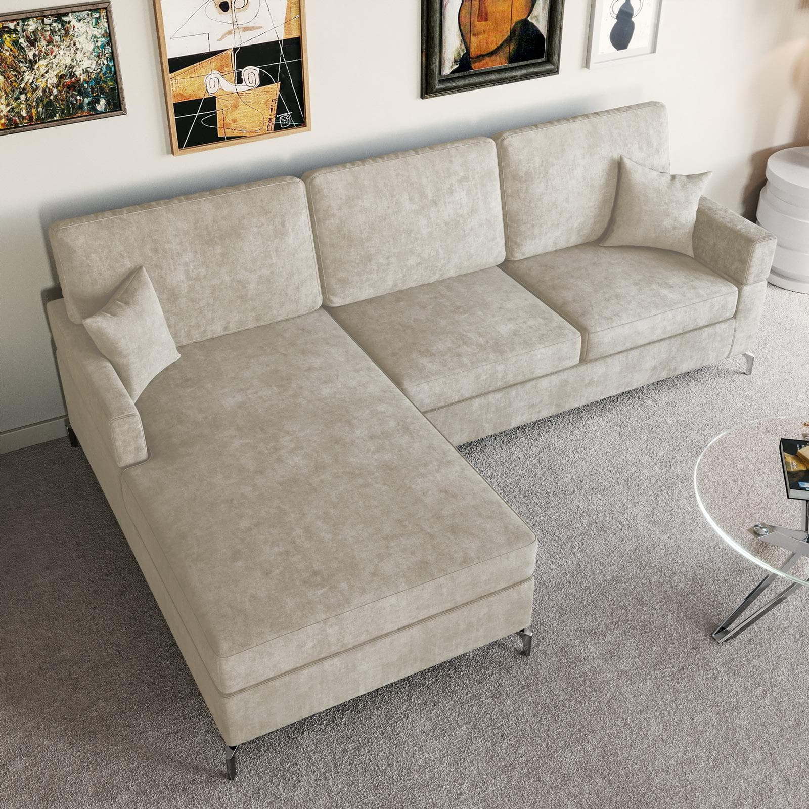 Divano angolare 3 posti in tessuto beige con chaise longue a sinistra e 2 cuscini - Snooze