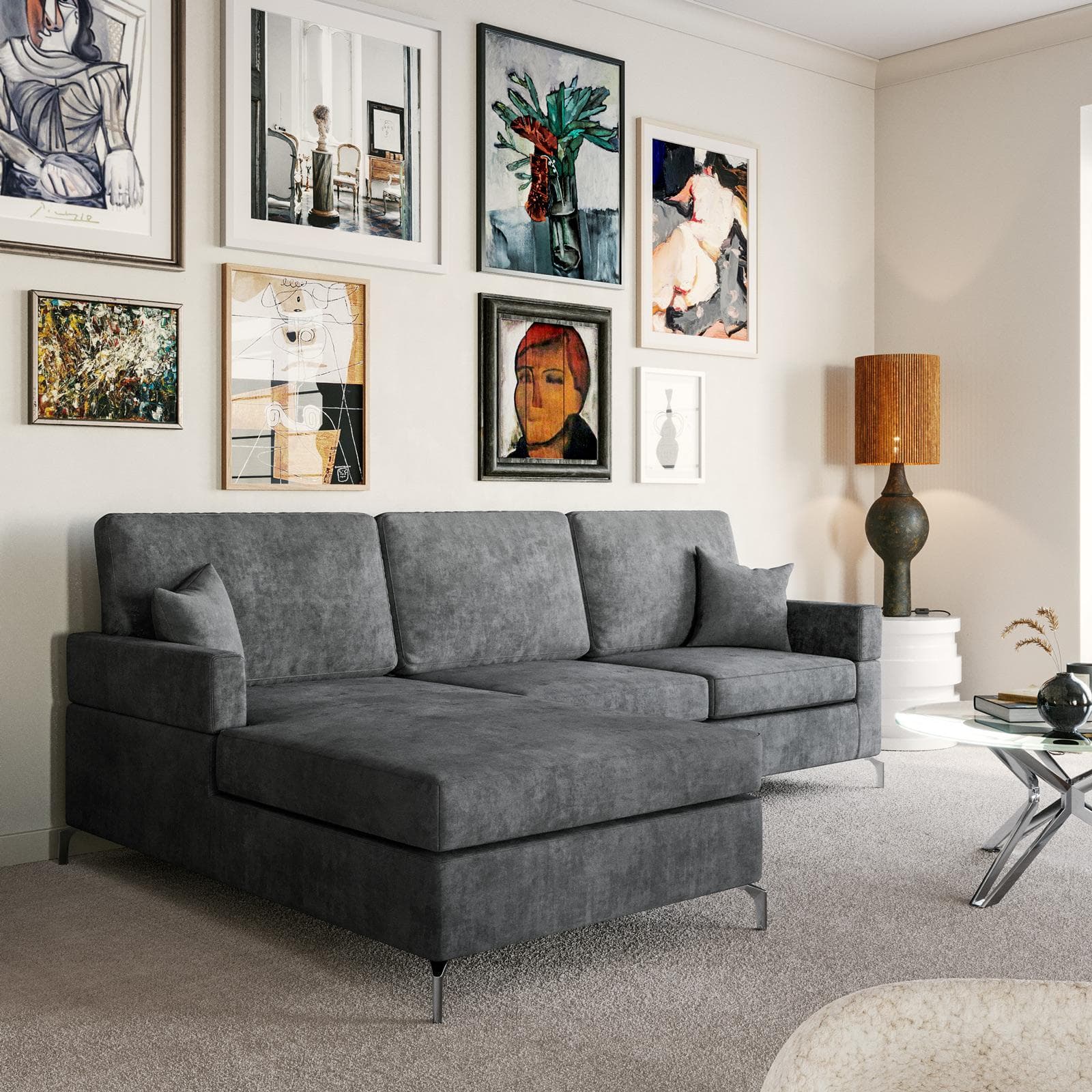 Divano angolare 3 posti in tessuto grigio con chaise longue a sinistra e 2 cuscini - Snooze