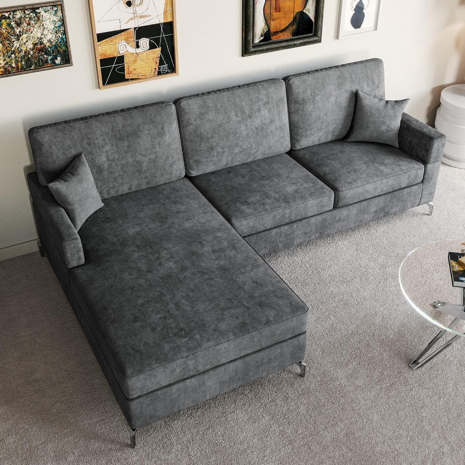 Divano angolare 3 posti in tessuto grigio con chaise longue a sinistra e 2 cuscini - Snooze