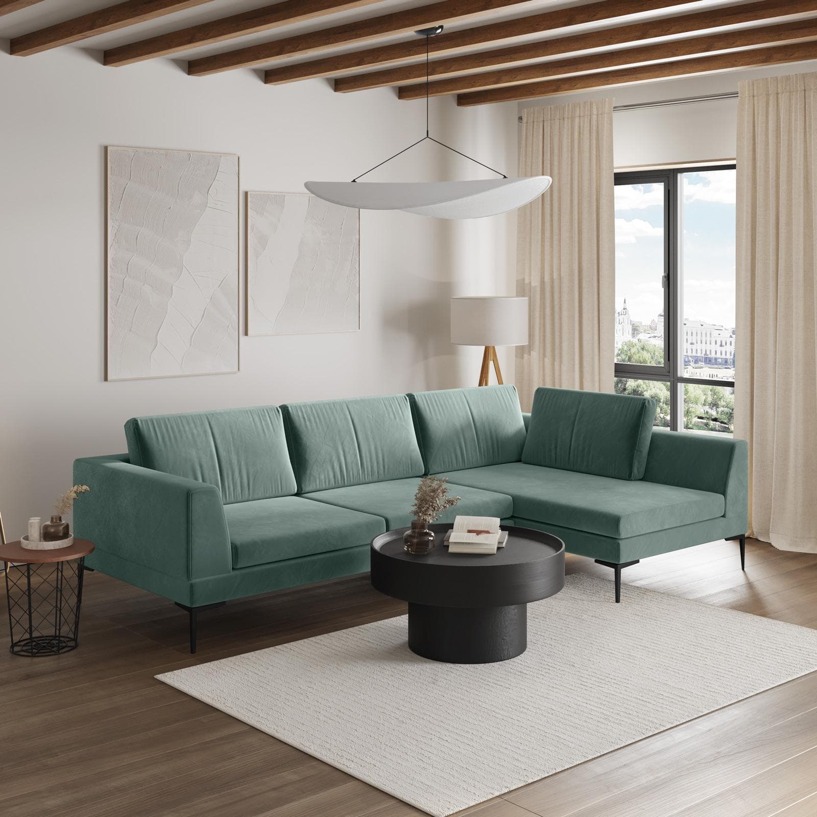 Divano angolare 3 posti in tessuto verde salvia effetto maglia con chaise longue destra - Renesmee