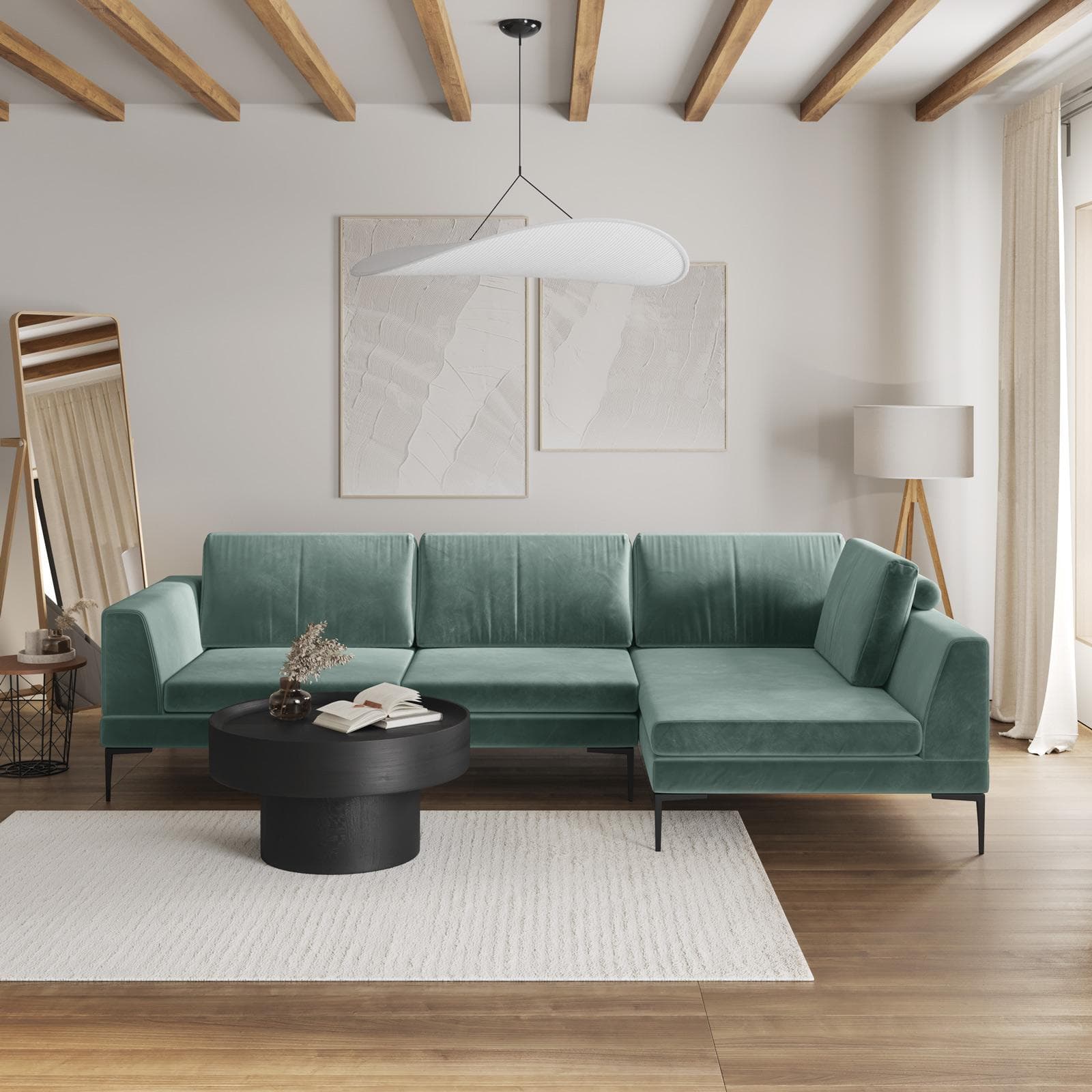 Divano angolare 3 posti in tessuto verde salvia effetto maglia con chaise longue destra - Renesmee