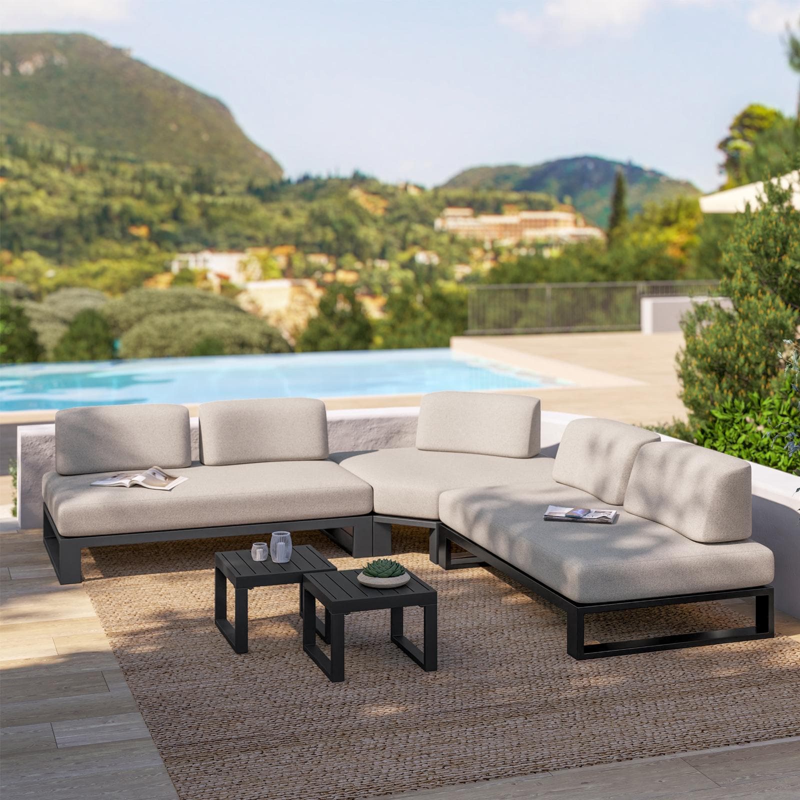 Divano angolare da giardino 5 posti in alluminio antracite e tessuto olefin beige - Haven