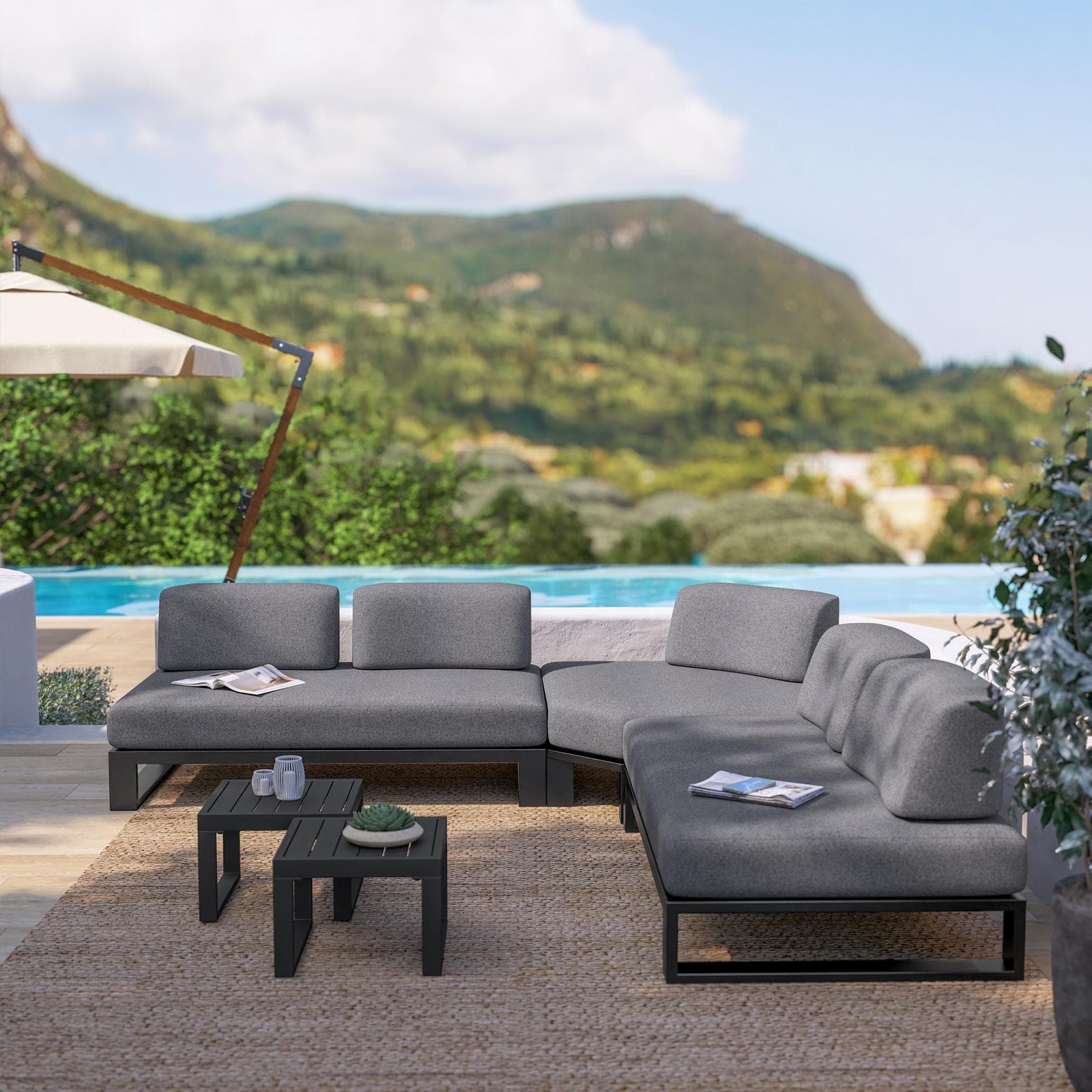 Divano angolare da giardino 5 posti in alluminio antracite e tessuto olefin grigio - Haven