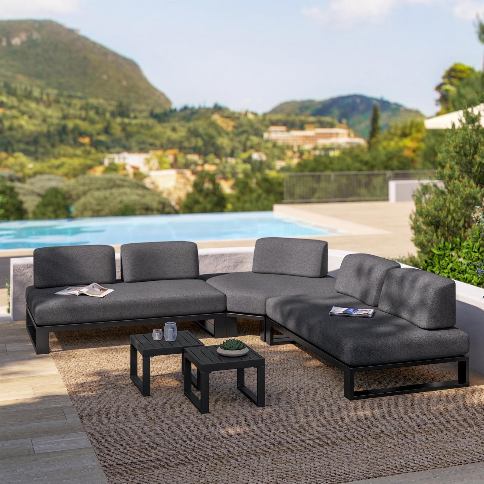 Divano angolare da giardino 5 posti in alluminio antracite e tessuto olefin grigio scuro - Haven