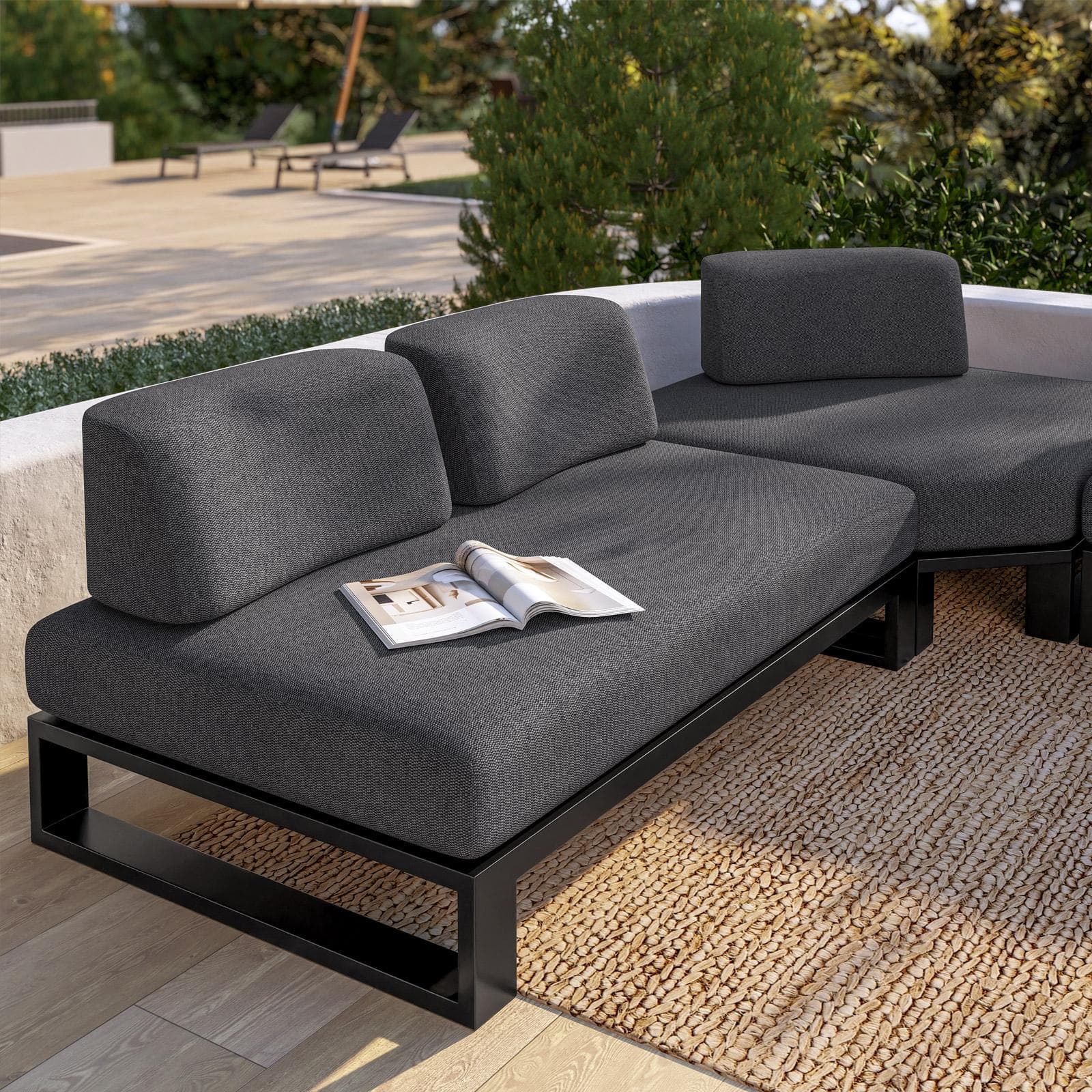 Divano angolare da giardino 5 posti in alluminio antracite e tessuto olefin grigio scuro - Haven